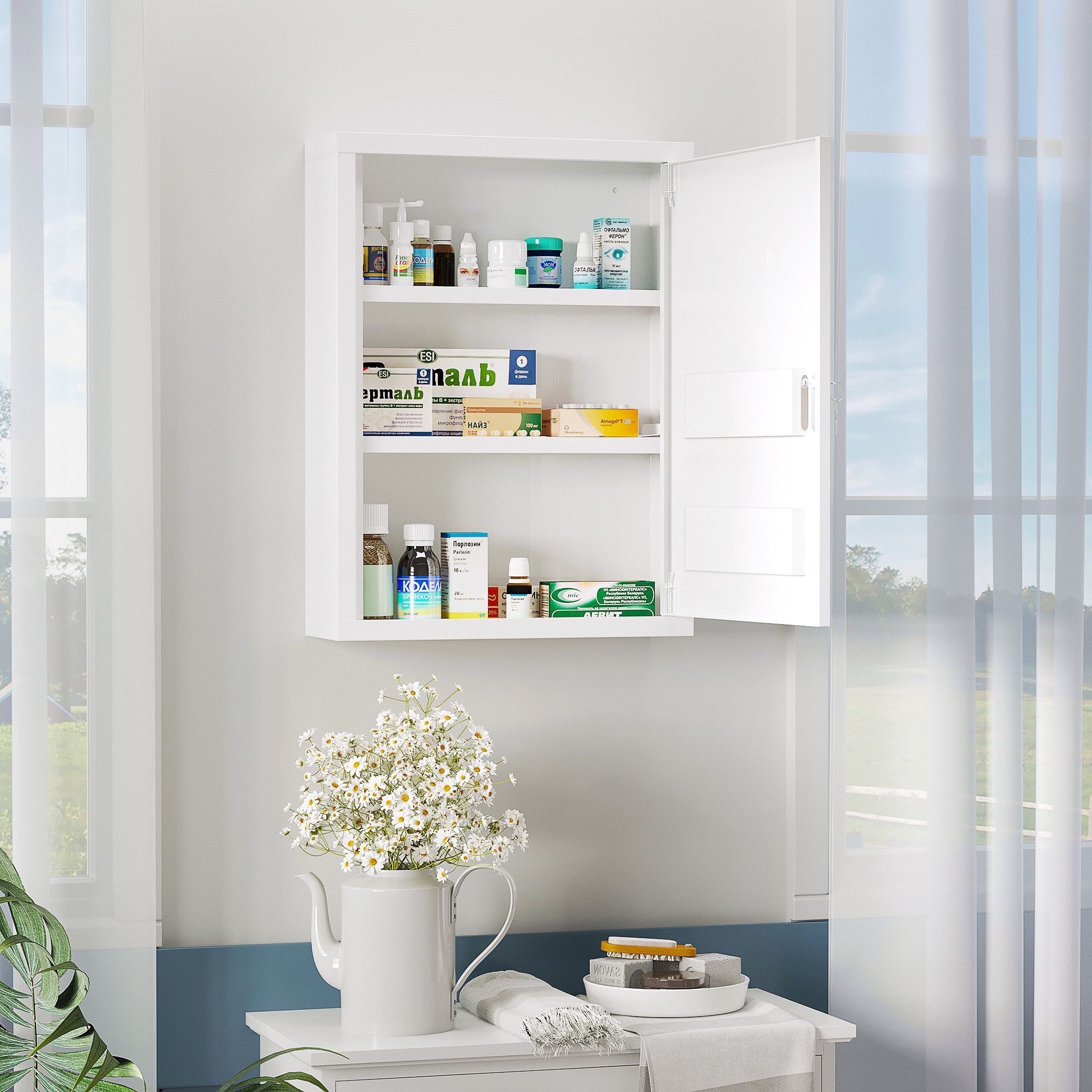 Kleankin Medizinschrank Arzneischrank zur Medikamenten-Aufbewahrung, Abschließbar mit 3 Fächer (Erste Hilfe Schrank, 1-St., Medikamentenschrank) Stahl, Weiß, 40 x 15 x 53,5 cm