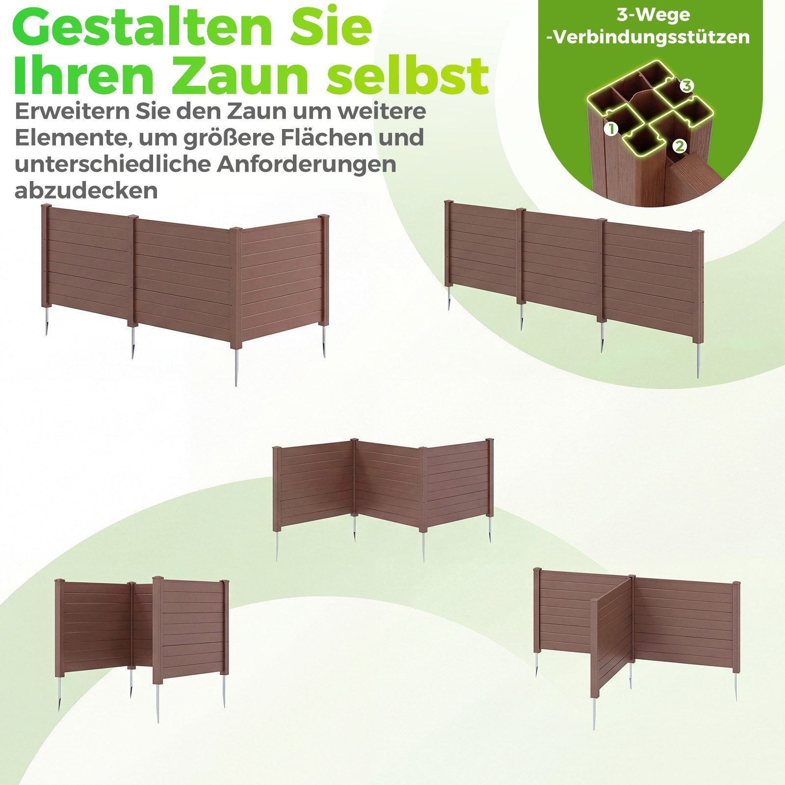 COSTWAY Gartenzaun, Lamellenzaun aus PP, Steckzaun mit 4 Pfählen, 122x95 cm