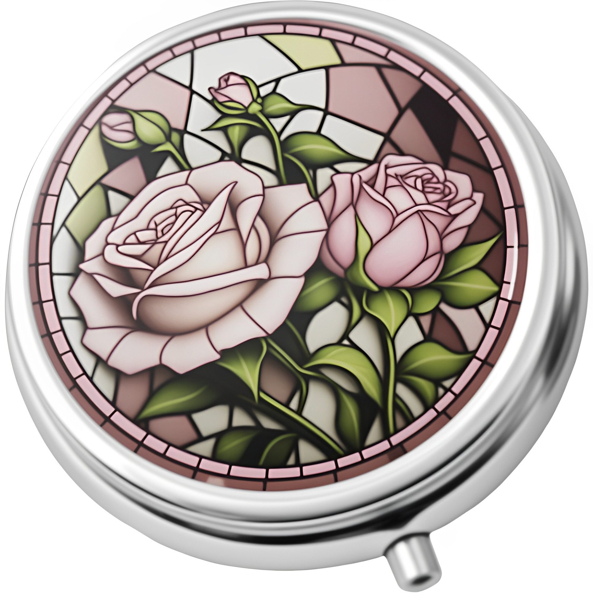 The Beauty House Pillendose Kompakte Pillendose im Glasfenster-Stil, mit Schmetterling, Rose, Pilzen & Naturmotiven
