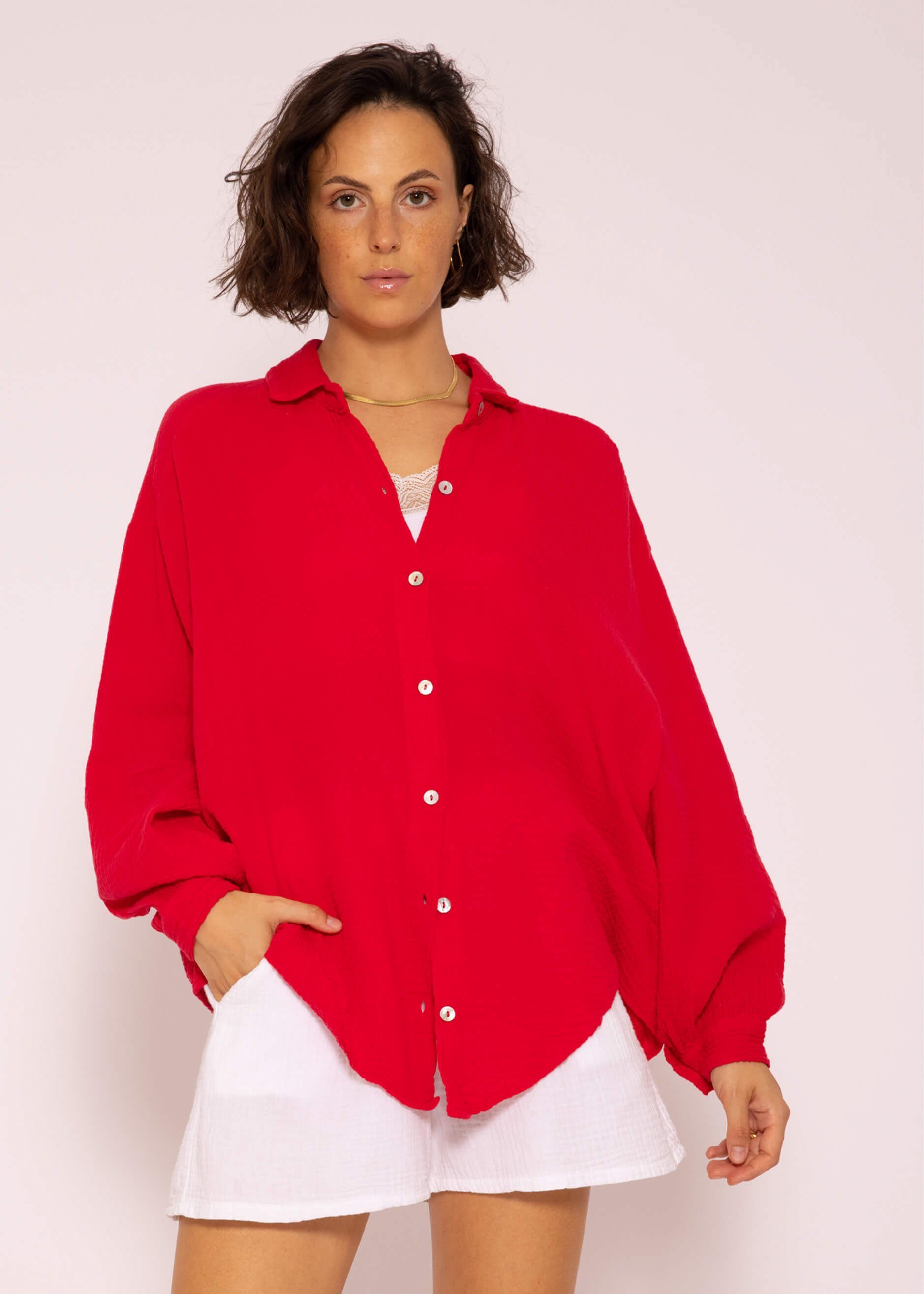 (Gr. Hemdbluse mit Oversize Longbluse 36-48) Size One Musselin Langarm Baumwolle SASSYCLASSY Bluse aus Rot Damen V-Ausschnitt, lang