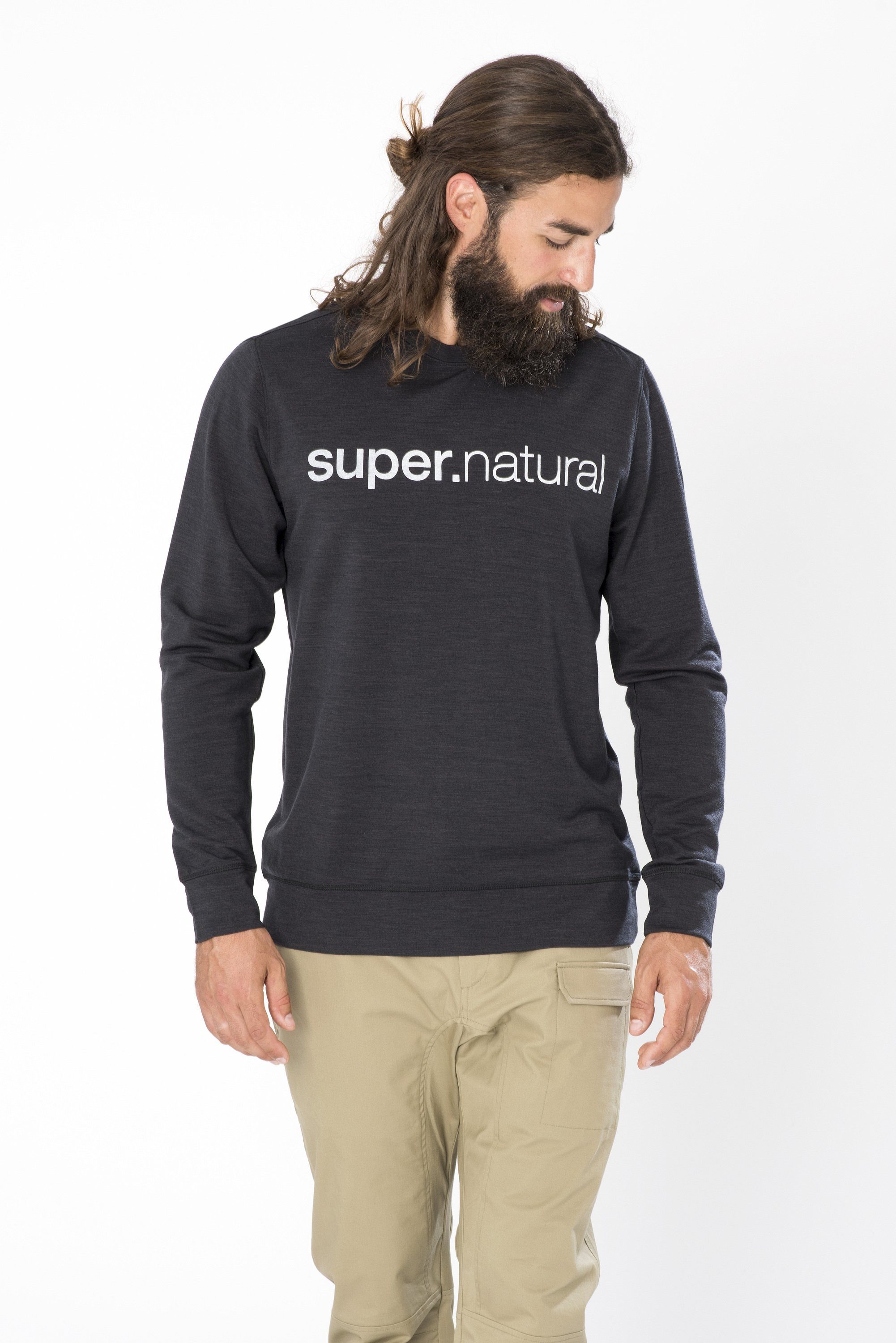 SUPER.NATURAL Sweatshirt Merino Sweatshirt M SIGNATURE CREW pflegeleichter Merino-Materialmix JET BLACK MELANGE/FRESH WHITE