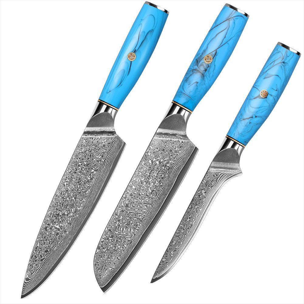 UniqueFire Messer-Set 3tlg.Damast Küchenmesser Set Chef Santoku Filetiermesser (3-tlg)