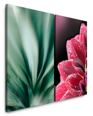 Sinus Art Leinwandbild 2 Bilder je 60x90cm Zinnien rote Blüte Grün Pflanze Meditation Einklang Makrofotografie