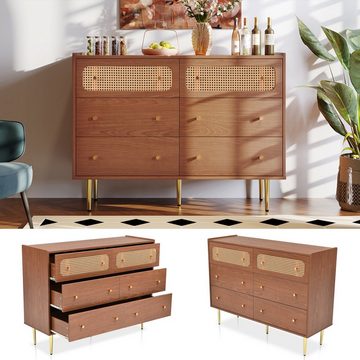 WISHDOR Kommode Beistellschrank Schubladenschrank Sideboard Anrichte Schrank Rattan (Schubladenkommode mit 6 Schubladen aus Massivholz Holz Füße aus Metall), Wohnzimmer Schlafzimmer Flur Büro Esszimmer