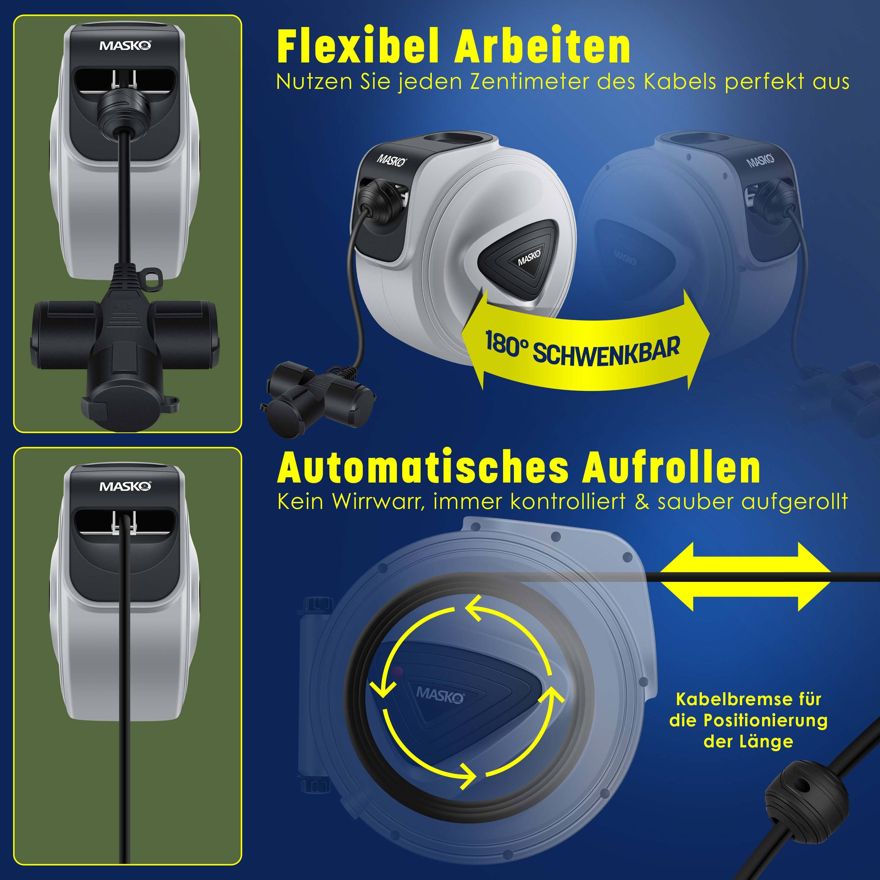 MASKO Verlängerungskabel, (15 cm), Automatik Kabeltrommel Verlängerungskabel mit 3-Fach Anschluss