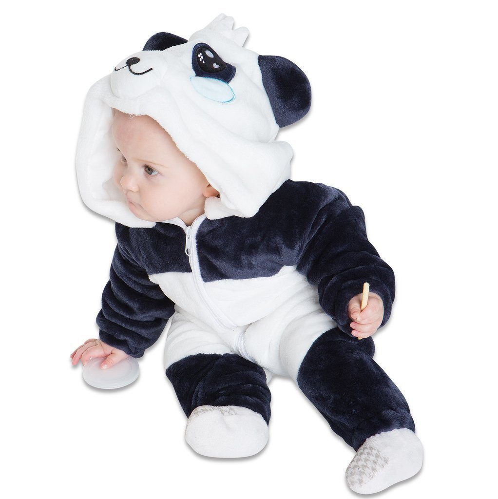 Corimori Strampler Baby Onesie Jumpsuit Kostüm, Größen 60-90cm, Strampler, für Fasching (1-tlg) Panda, Dino, Fuchs, Faultier, Einhorn, Pinguin, Drache, Flamingo "Mei" der Panda (blau/weiß)