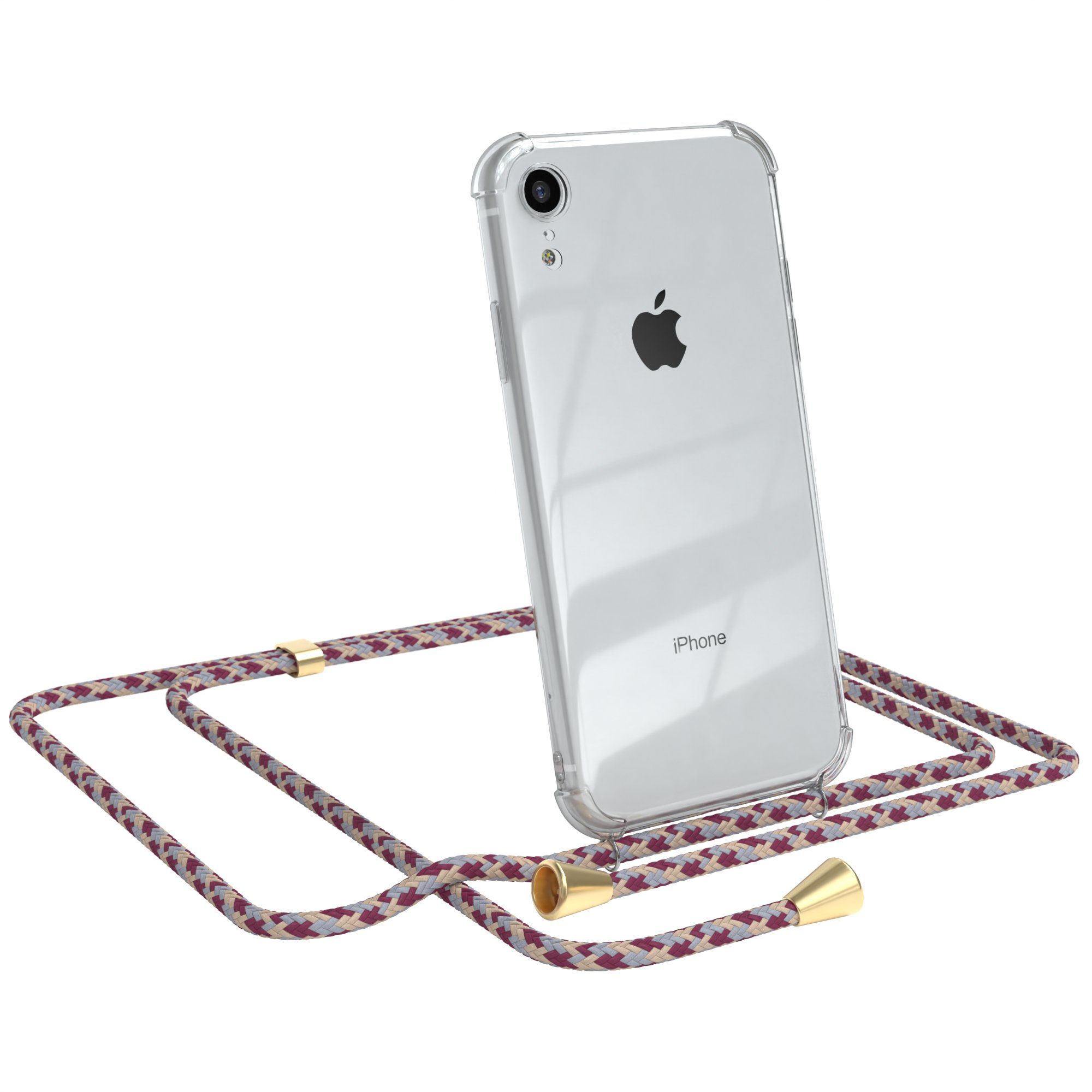 EAZY CASE Handykette Hülle mit Kette für Apple iPhone XR 6,1 Zoll, Hülle mit Umhängeband Bumper Case Hülle mit Band Rot Beige Camouflage
