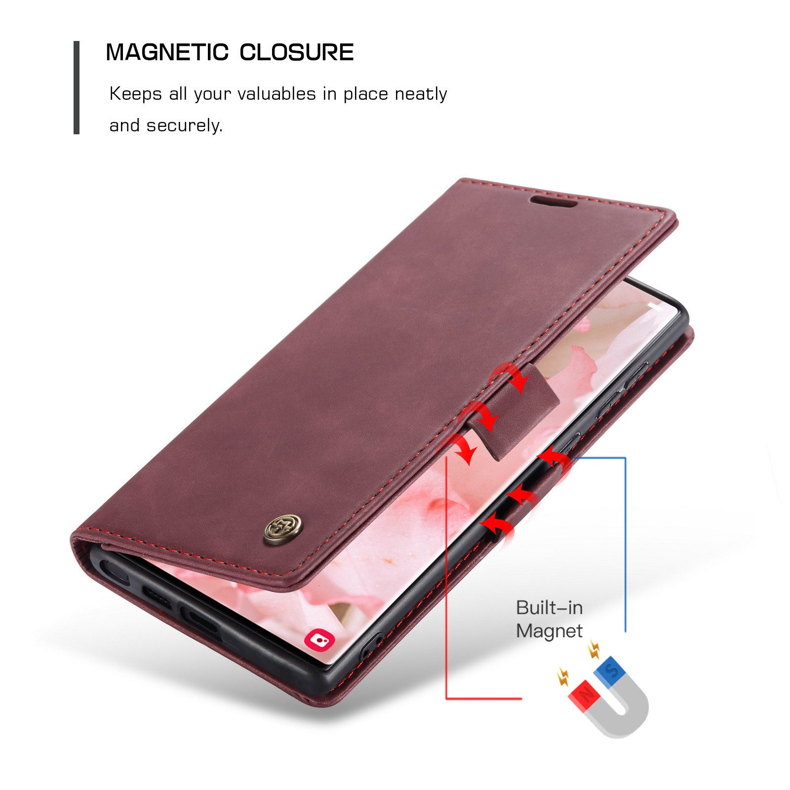 CaseMe Handyhülle Premium Hülle für Samsung Klapphülle Samsung S25 Ultra-Karmesinrot