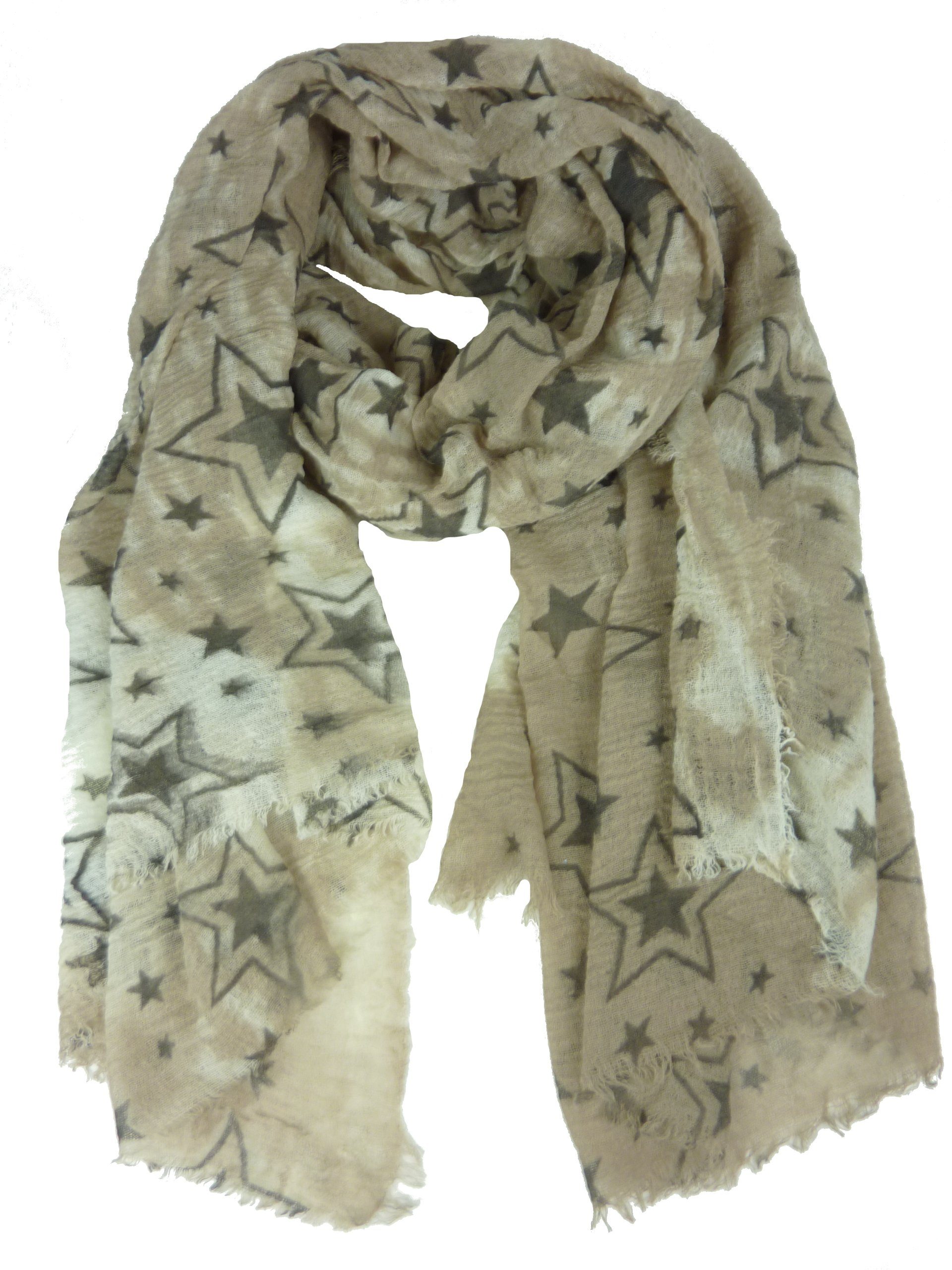 Taschen4life Schal Damen Schal mit Fransen und Sternen QF-205, Tücher & Schals von Delfin beige