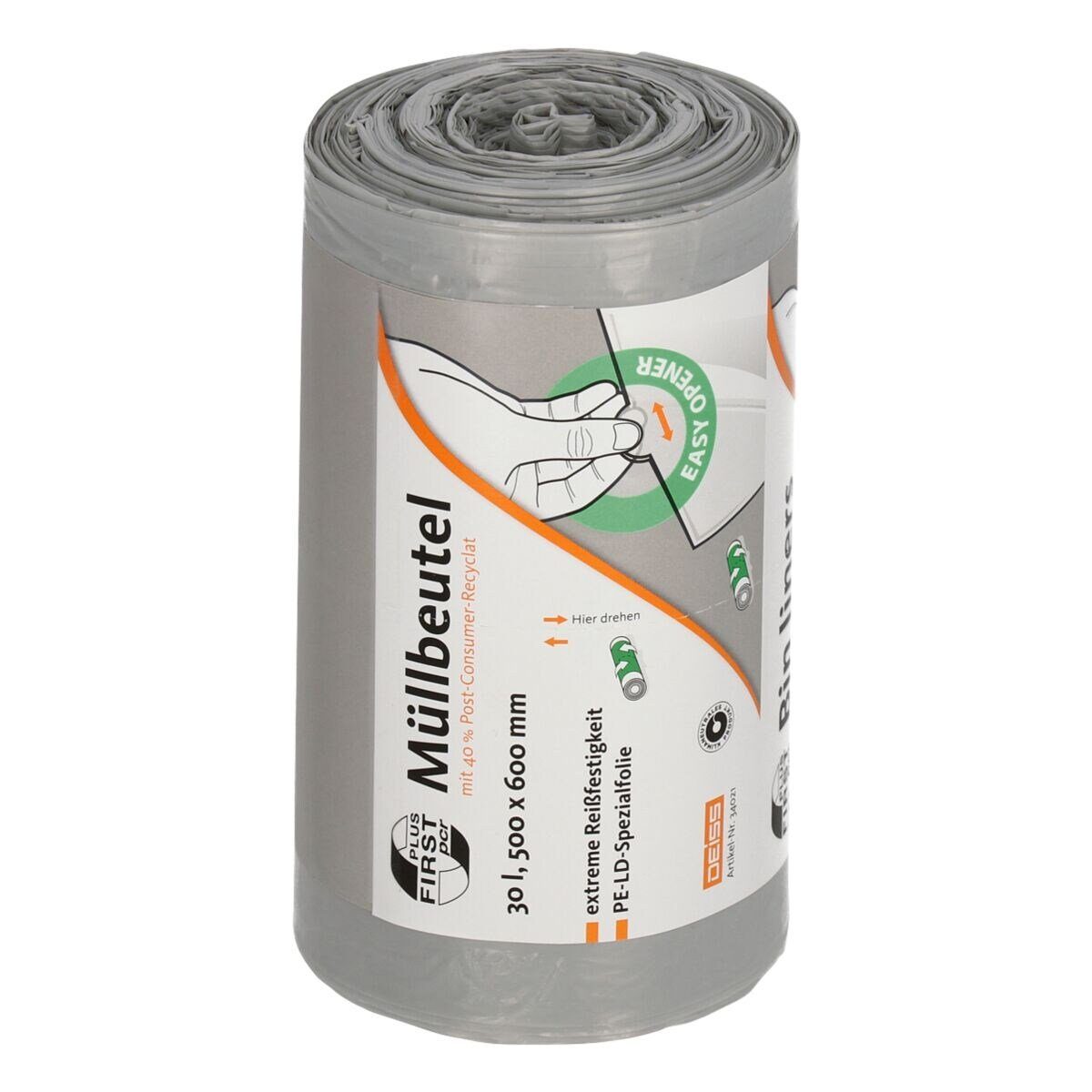 Deiss Müllbeutel FIRST PLUS pcr ®, extrem reißfest, 30 Liter, 50 Stück/Rolle, grau