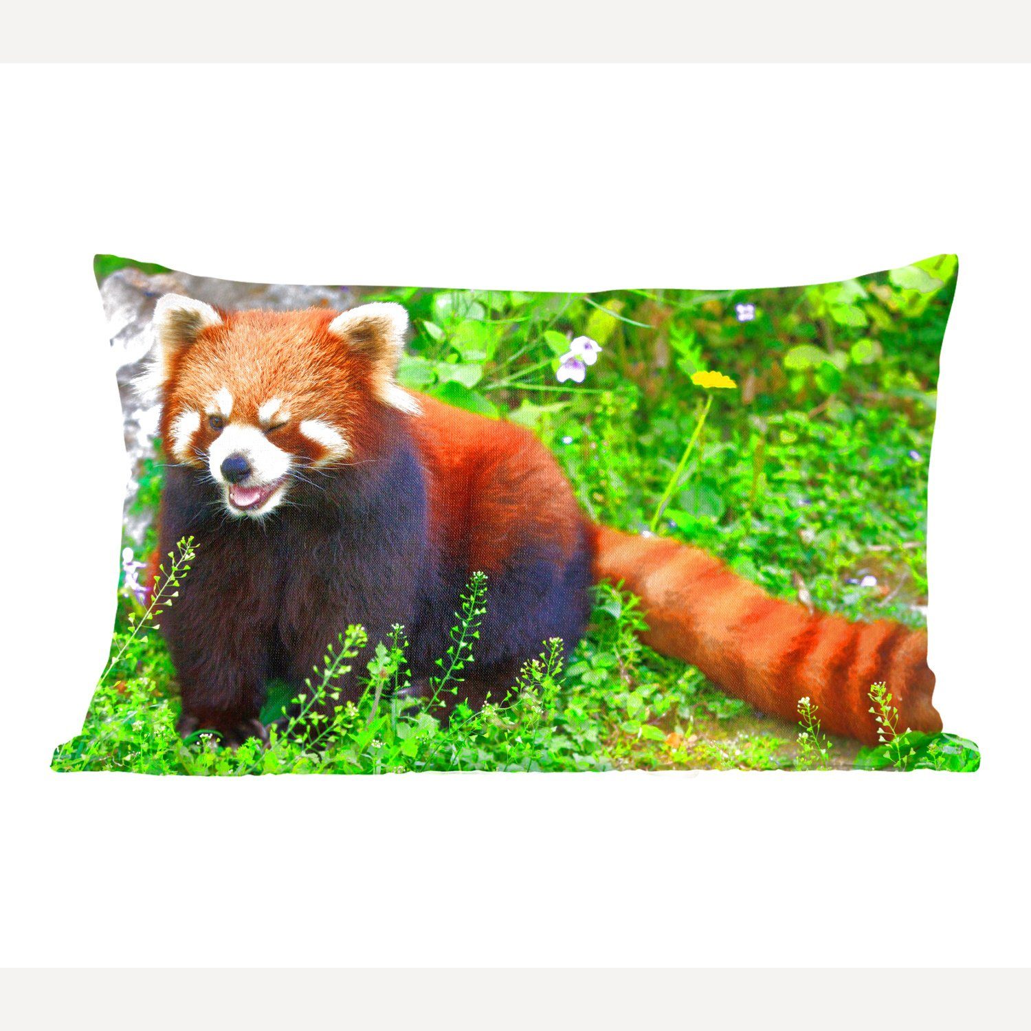 MuchoWow Dekokissen Roter Panda - Grün - Gras, Wohzimmer Dekoration, Zierkissen, Dekokissen mit Füllung, Schlafzimmer