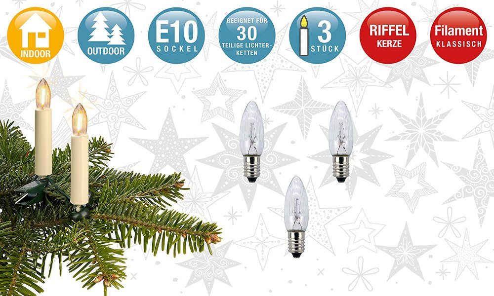 LED-Leuchtmittel Riffelkerze klar, E10 teilgeriffelt 3x 3W 8V Hellum