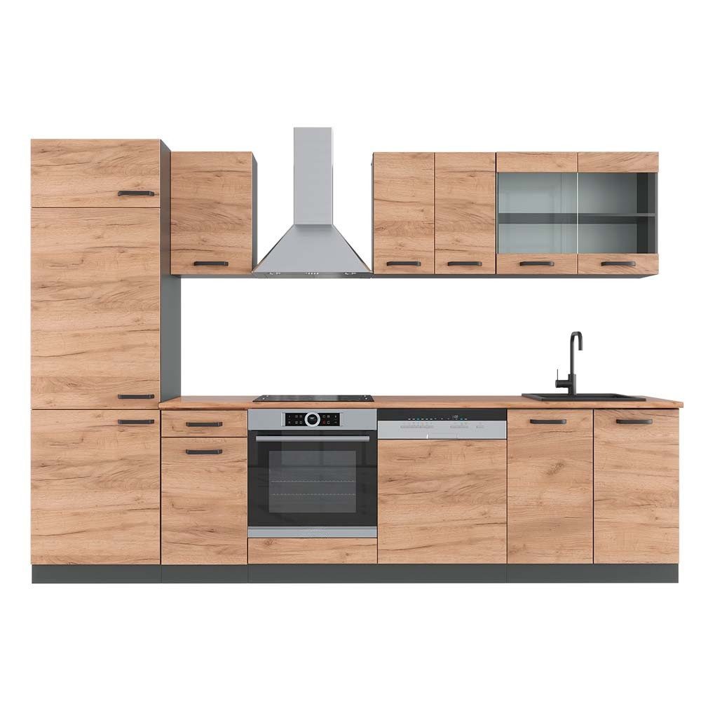 Küchenzeile R-Line, Goldkraft Eiche/Anthrazit, 300 cm, AP Eiche
