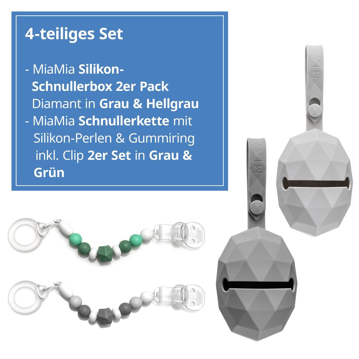 MiaMia Schnuller Grau Grün, 4-tlg. Schnuller-Zubehör-Set Schnullerbox, Schnullerkette inkl. Clip
