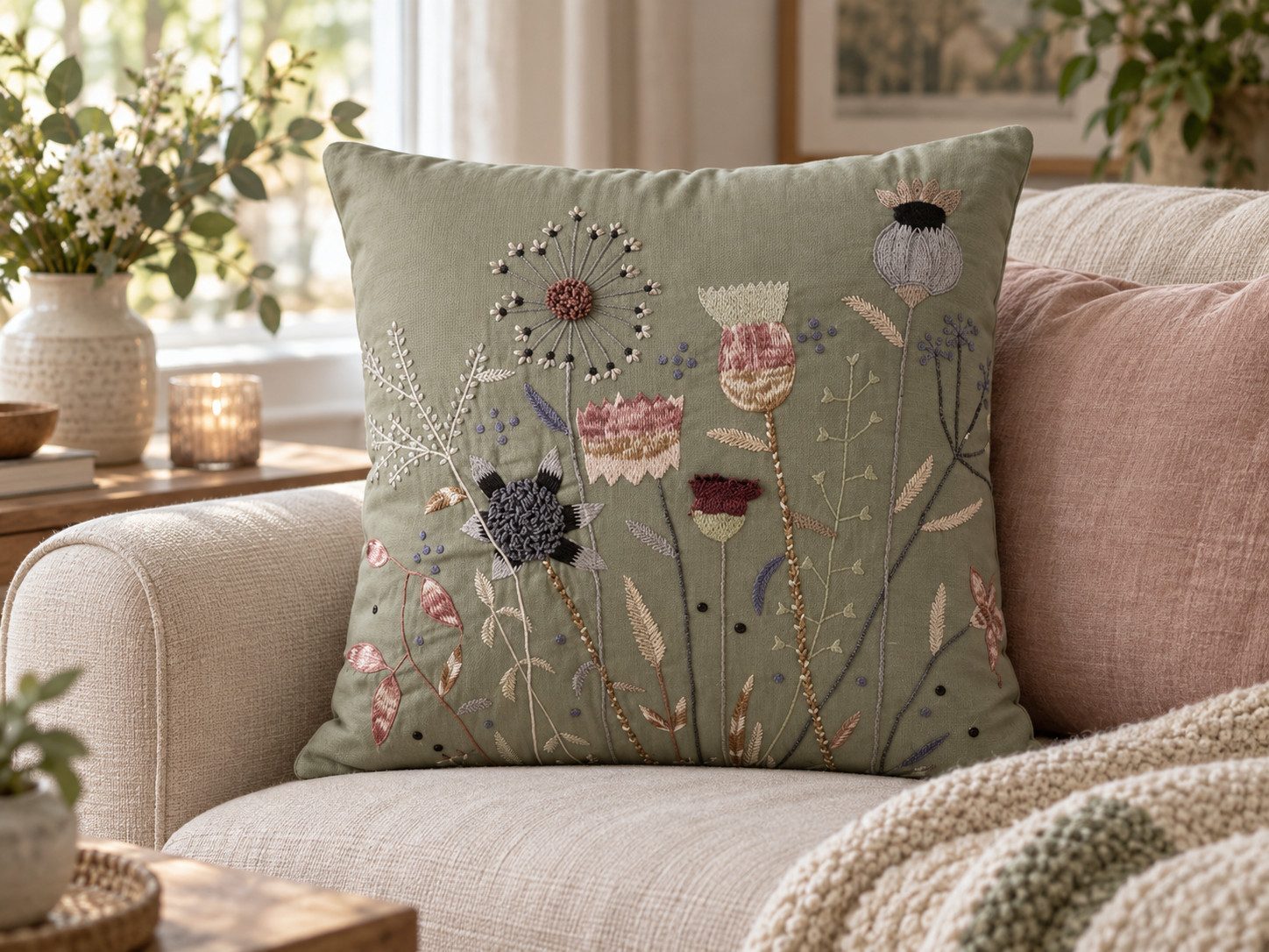 MF Dekokissen Dekokissen Flora Vintage 45x45 cm Handbestickt Floral Grün Rosa