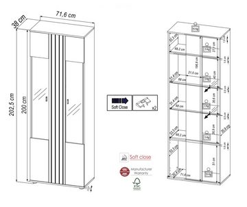 möbelando Vitrine SOLEA 012 Hochvitrine (BxHxT: 71,6x202,5x38 cm) in Schwarz/Dekor Lamellen Artisan Eiche mit 2 Türen und 5 Fächern