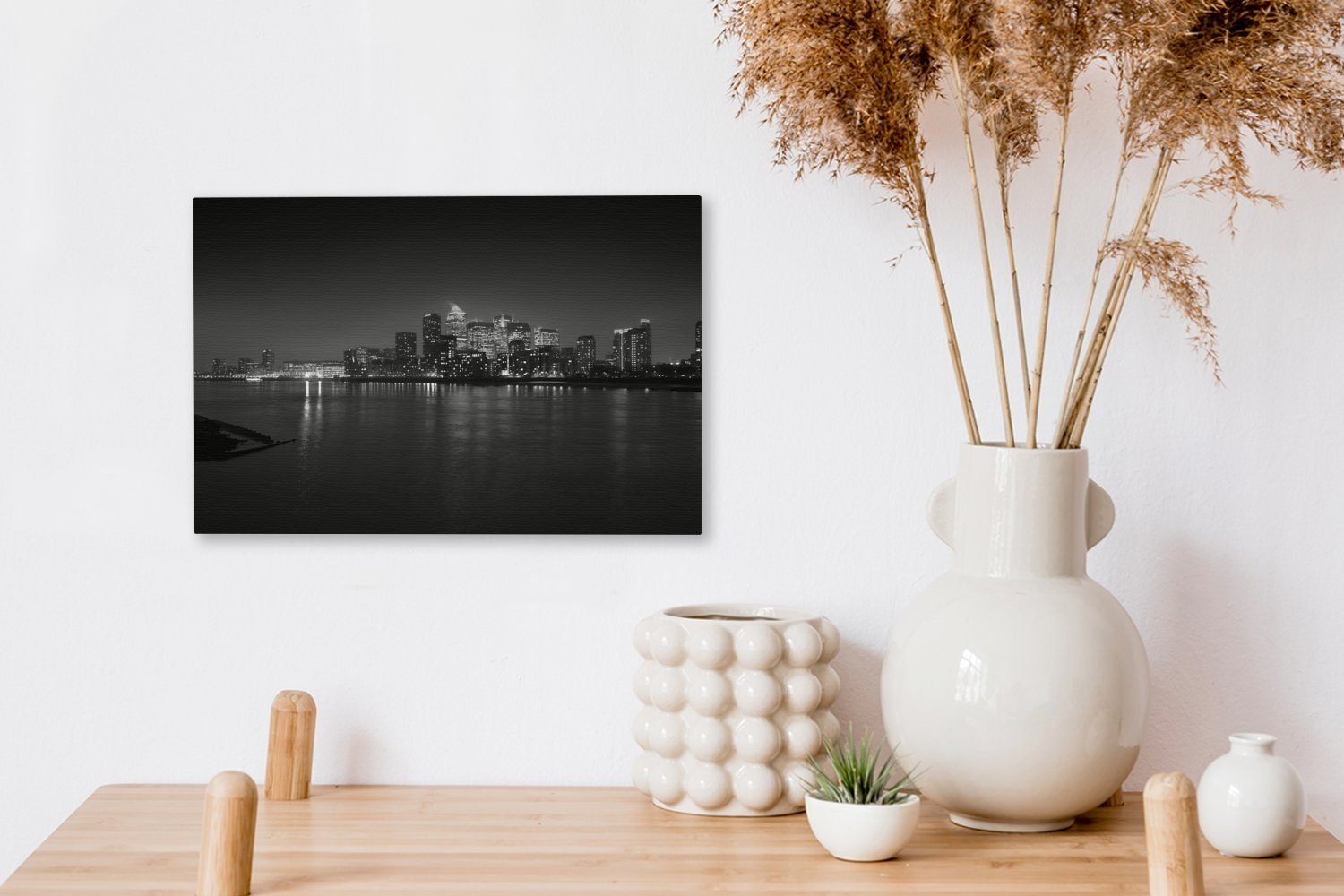 30x20 cm - Aufhängefertig, Leinwandbilder, Skyline Wandbild Leinwandbild (1 bei und Wanddeko, weiß, schwarz Londons Nacht St), OneMillionCanvasses®