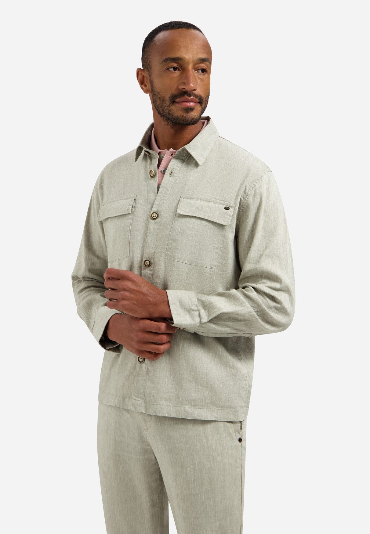 NO EXCESS Rundhalspullover Overshirt Full Button 2-Tone With Linen