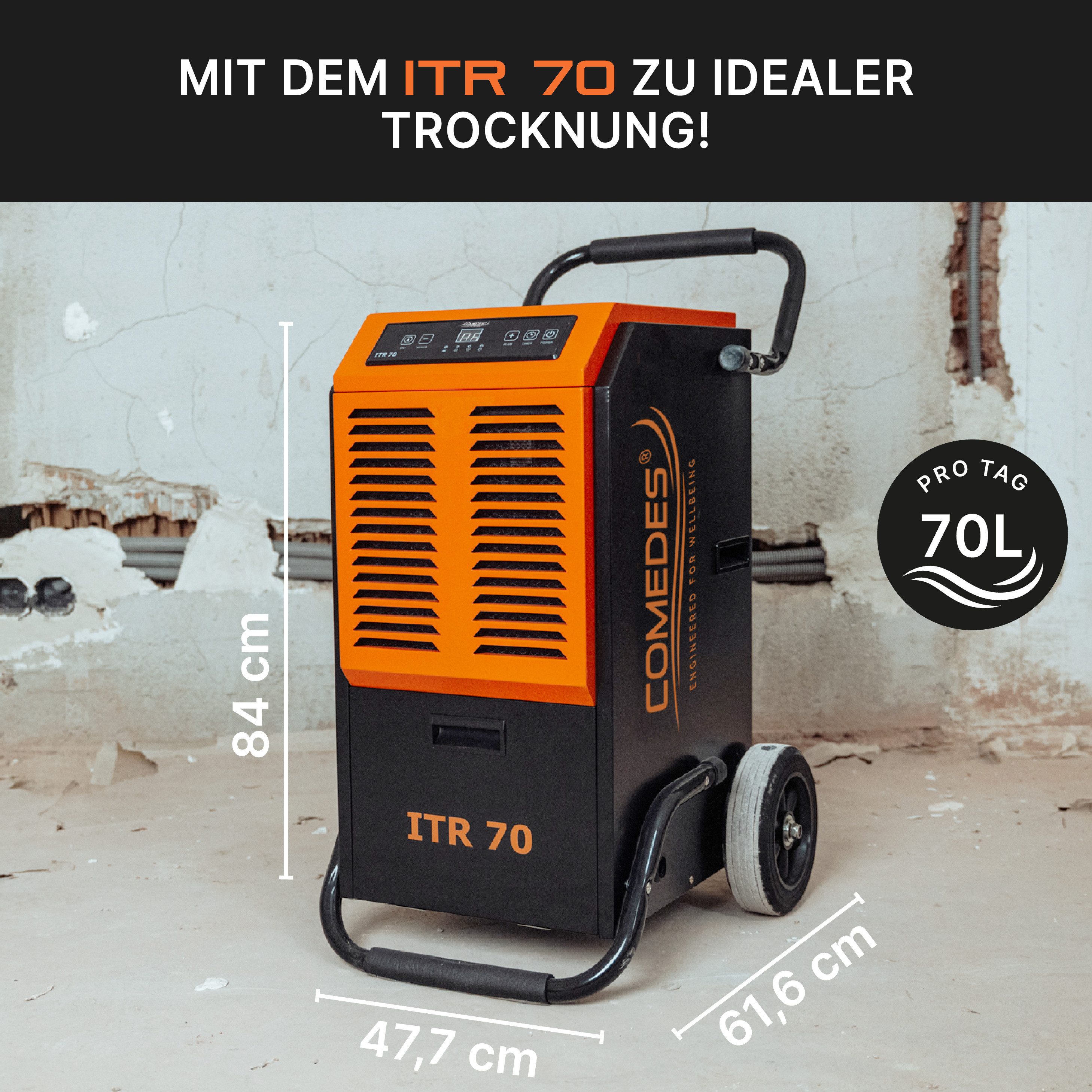 Comedes Bautrockner Luftentfeuchter Comedes ITR 70, 70 Liter/Tag, Entfeuchtung 70 l/Tag, Tank 5.5 l, 5,5 Liter Wassertank und Schlauchanschluss