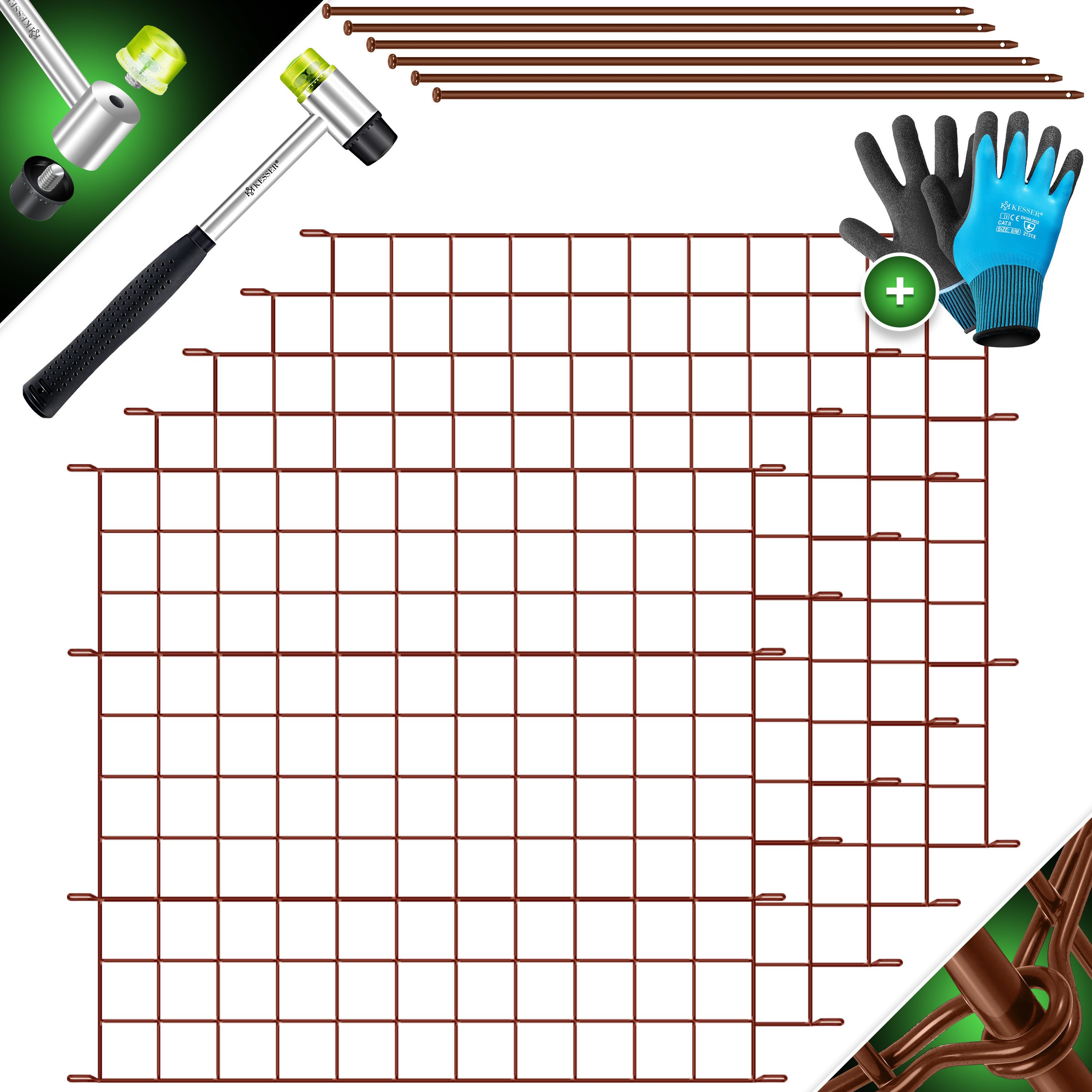KESSER Zaun Teichzaun Gartenzaun Steckzaun Komplettset Metall Zaun für Garten, (Inkl. Handschuhe, Hammer + Befestigungsstäben), Zaun zum stecken für Garten, Gitterzaun Set Freigehege für Tiere