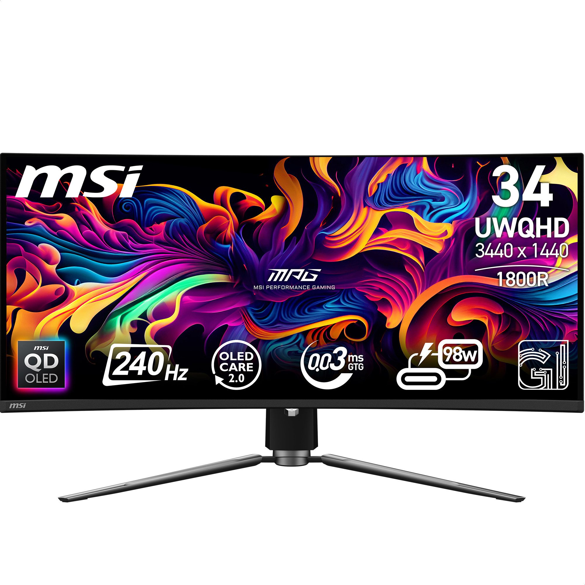 MSI MPG 341CQPX QD Curved-Gaming-OLED-Monitor (86,8 cm/34 ", 3440 x 1440 px, UWQHD, 0,03 ms Reaktionszeit, 240 Hz, OLED, 3 Jahre Herstellergarantie, höhenverstellbar, USB-C)