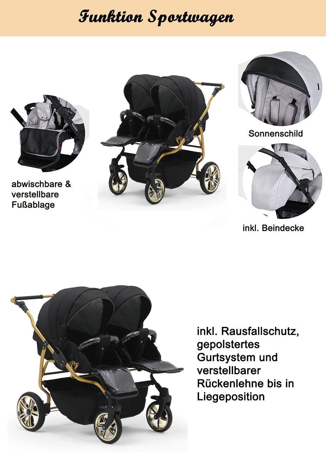 Lux babies-on-wheels in Teile 15 - Farben Gold Grau-Navy 33 Zwillingswagen - Duet 4 1 in Zwillingswagen