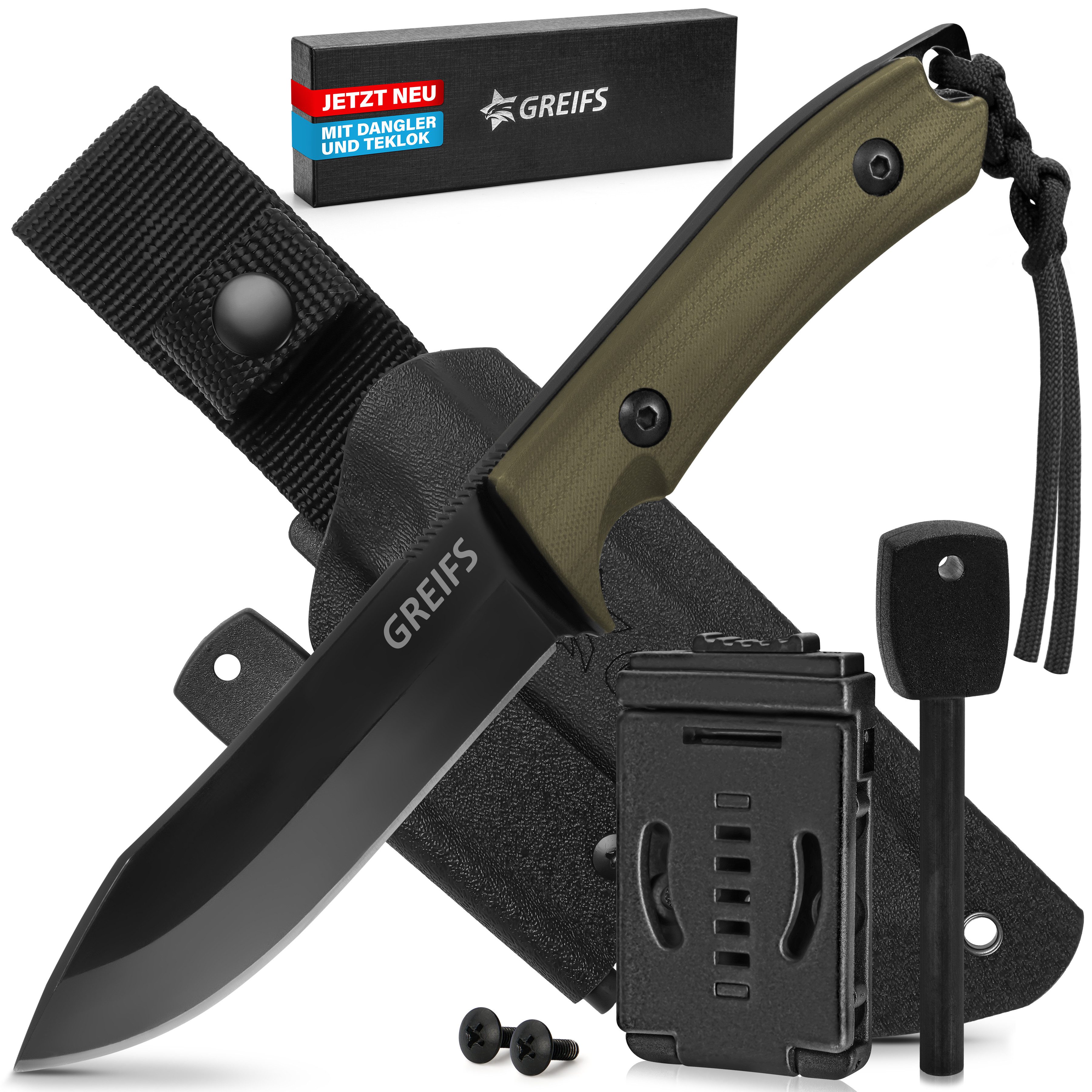 GREIFS Fahrtenmesser Outdoor-Messer MILAN aus D2 Stahl, Kydex Holster und Feuerstahl, bl-gr