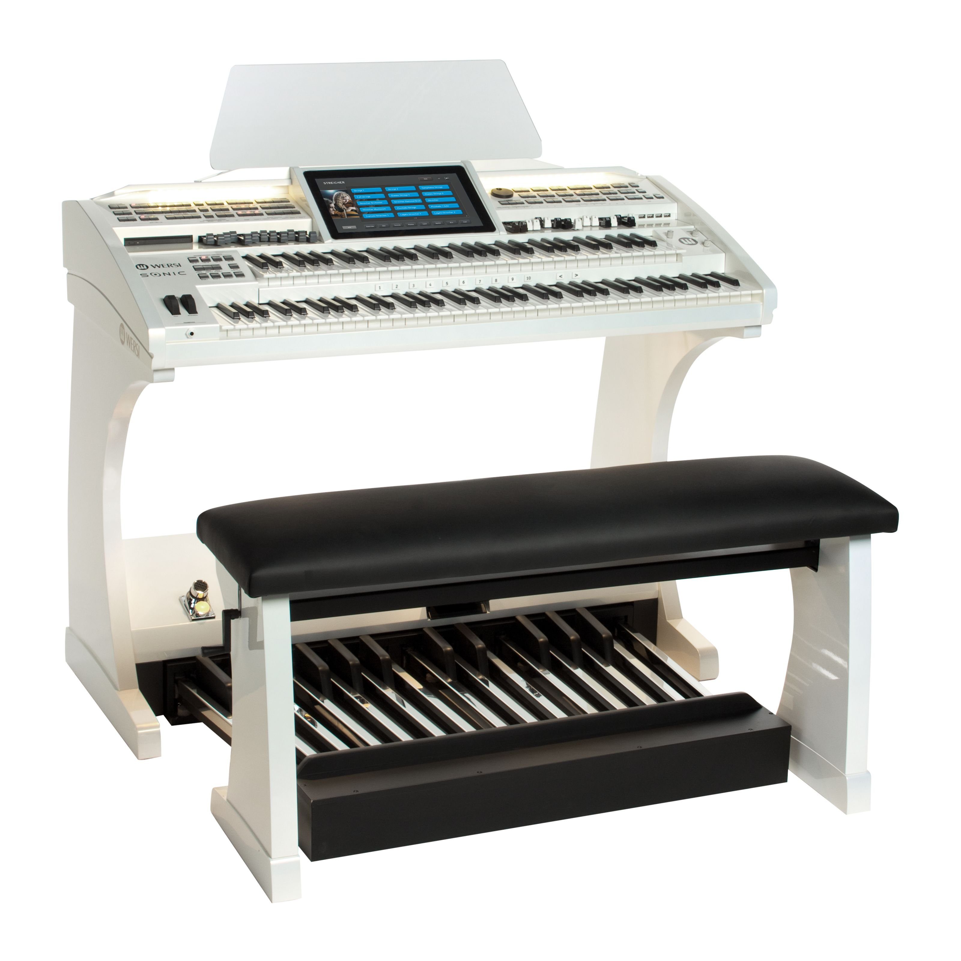 Wersi Orgel (SONIC OAX700 Elektronische Orgel, Perlmutt Weiß, 61 und 76 Tasten, 25-Tastenpedal, 13.3'' Touch-Display, Flexibles Finish, Klassische Musik und Unterhaltungsmusik geeignet, Kompatibel mit VOCALIS Lautsprecher-System und TS9000, OAX-System für Software-Updates, Erweiterungspakete für neue Styles und Funktionen, EASY PLAY-Konzept, PROFI Mode, und VB3 Zugriegel, SILBERMANN Kirchenorgel und FARFISA Compact Sounds, -Klangfarben, Realistische Chöre und Akkordeon-Sounds, SONIC-Begleitband, VST Host, WINDOWS 11 64bit kompatibel), SONIC OAX700, Elektronische Orgel, Klassische Musik