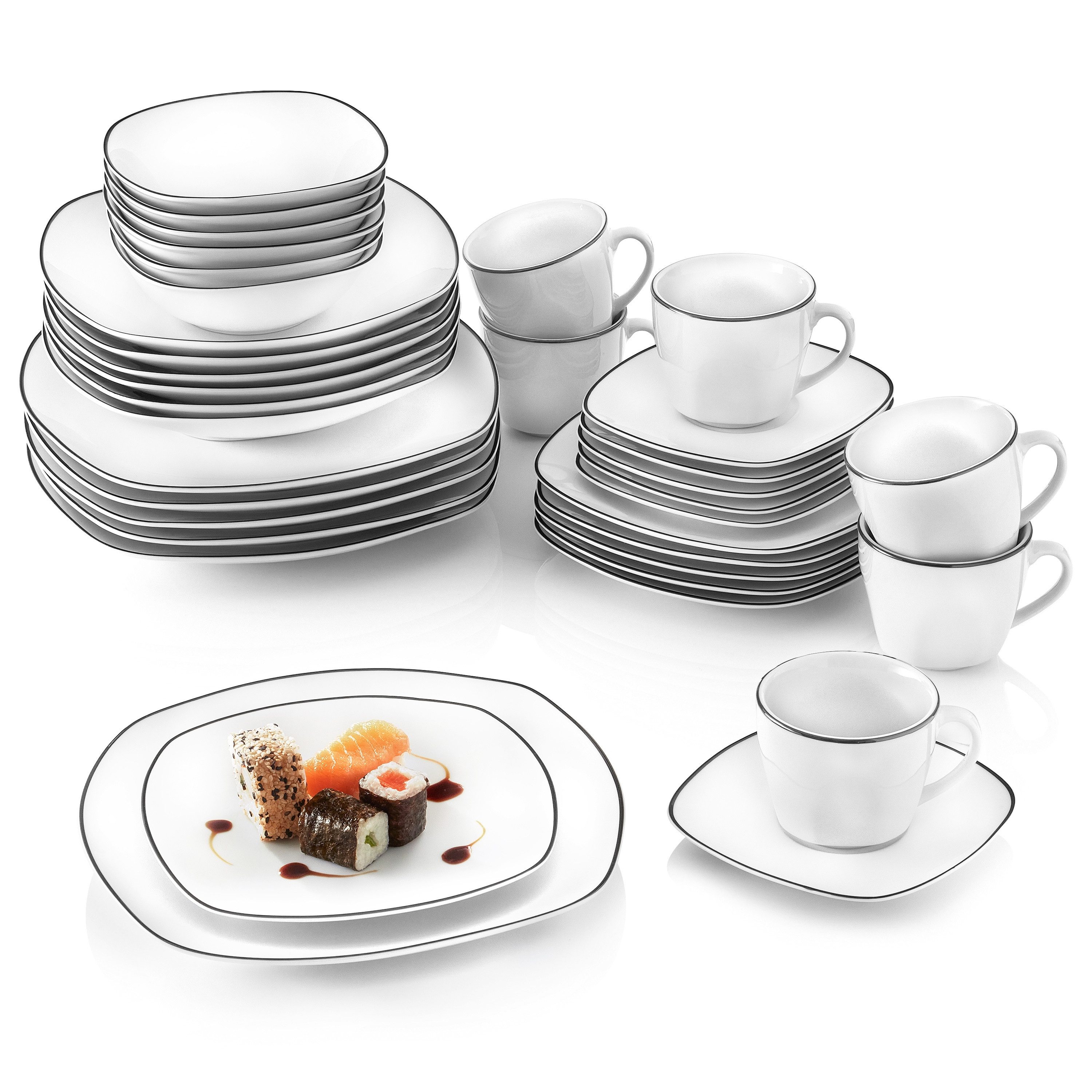 SÄNGER Kombiservice Bilgola Black Rim Geschirrset (36-tlg), 6 Personen, Porzellan, spülmaschinengeeignet, Premium Collection