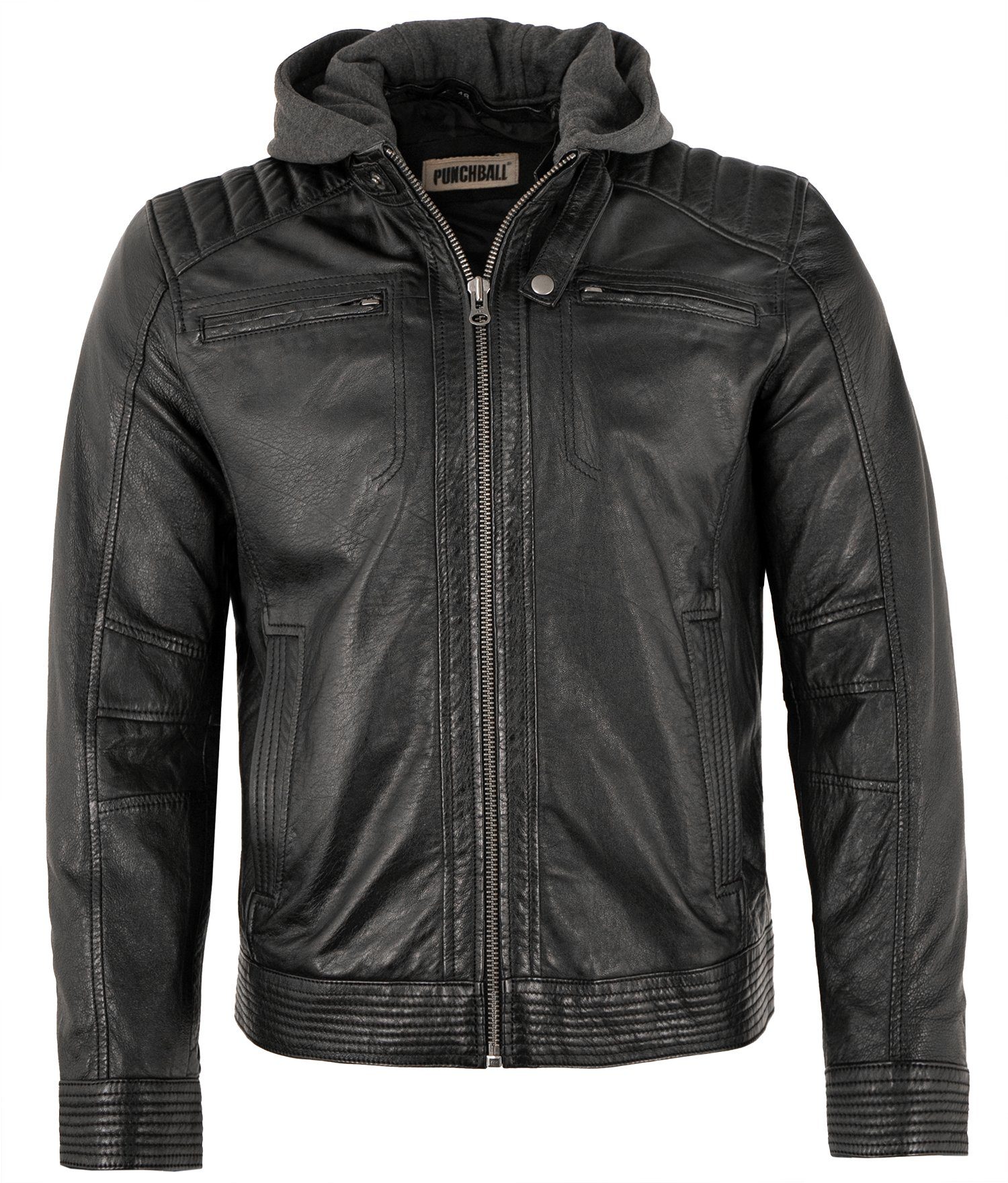 PUNCHBALL Lederjacke PB-HW 22-502 Punchball - Herren Lederjacke Bikerjacke Kapuze Lammnappa schwarz