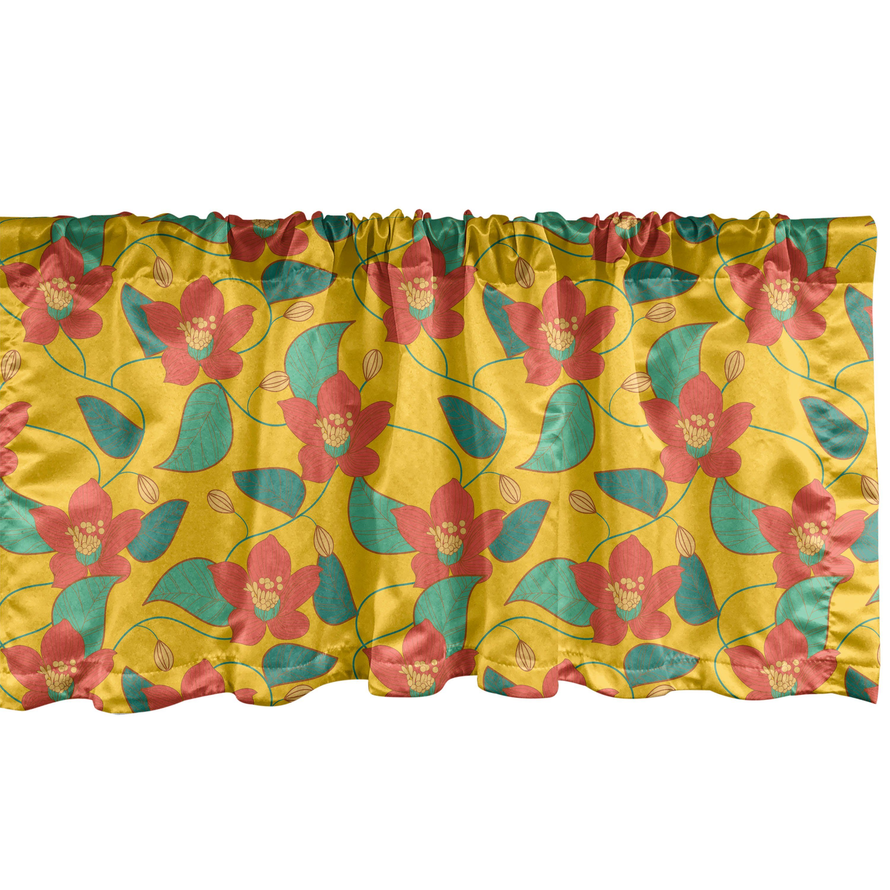 Scheibengardine Vorhang Volant für Küche Schlafzimmer Dekor mit Stangentasche, Abakuhaus, Microfaser, Blumen Retro Wiese Muster