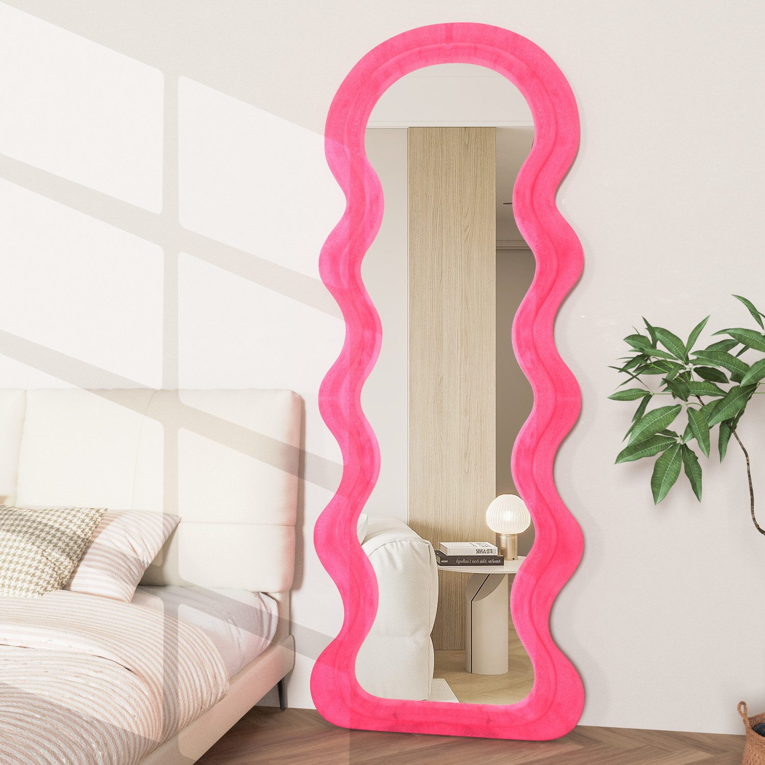 CASSILANDO Ganzkörperspiegel Kreativer Wellenspiegel 63x24", Design mit Holzrahmen, mit weichem Samtstoffrahmen & Sicherheitsglas