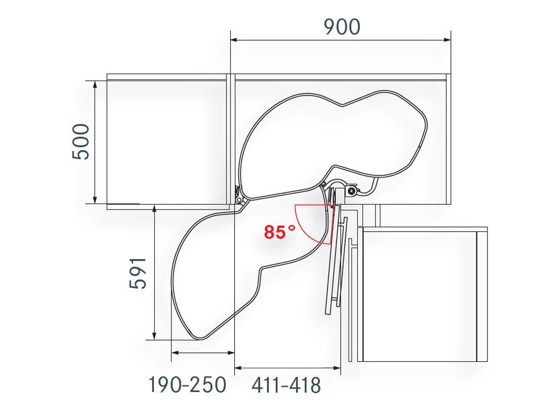 Kesseböhmer Auszugsboden 450 mm Links LeMans II Beschlag für Eckschrank, inkl. Antirutschmattenset Orga-Grip Silbergrau