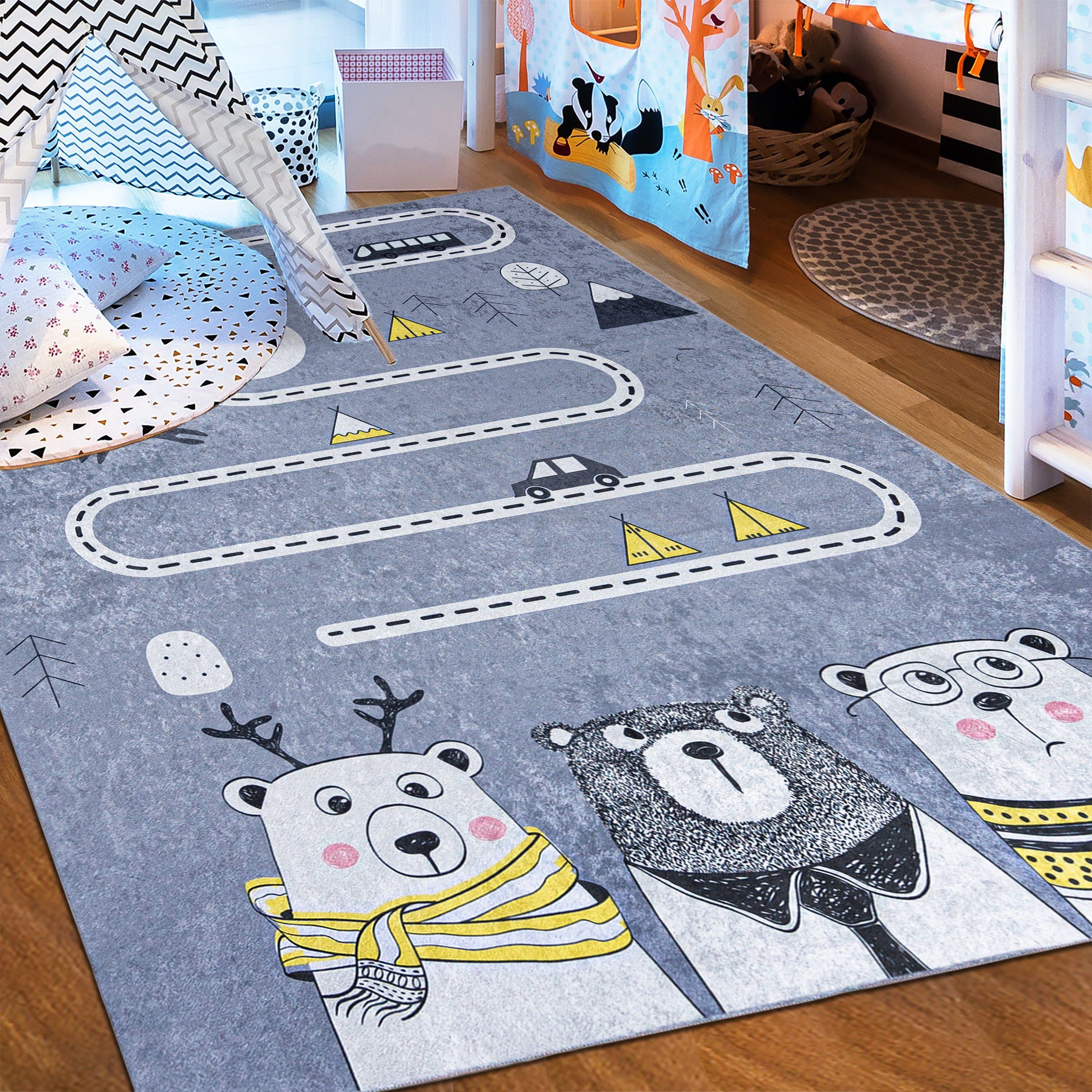 Spielteppich Kinderzimmer Teppich Kinderteppich Auto Straßen Muster, In Grau