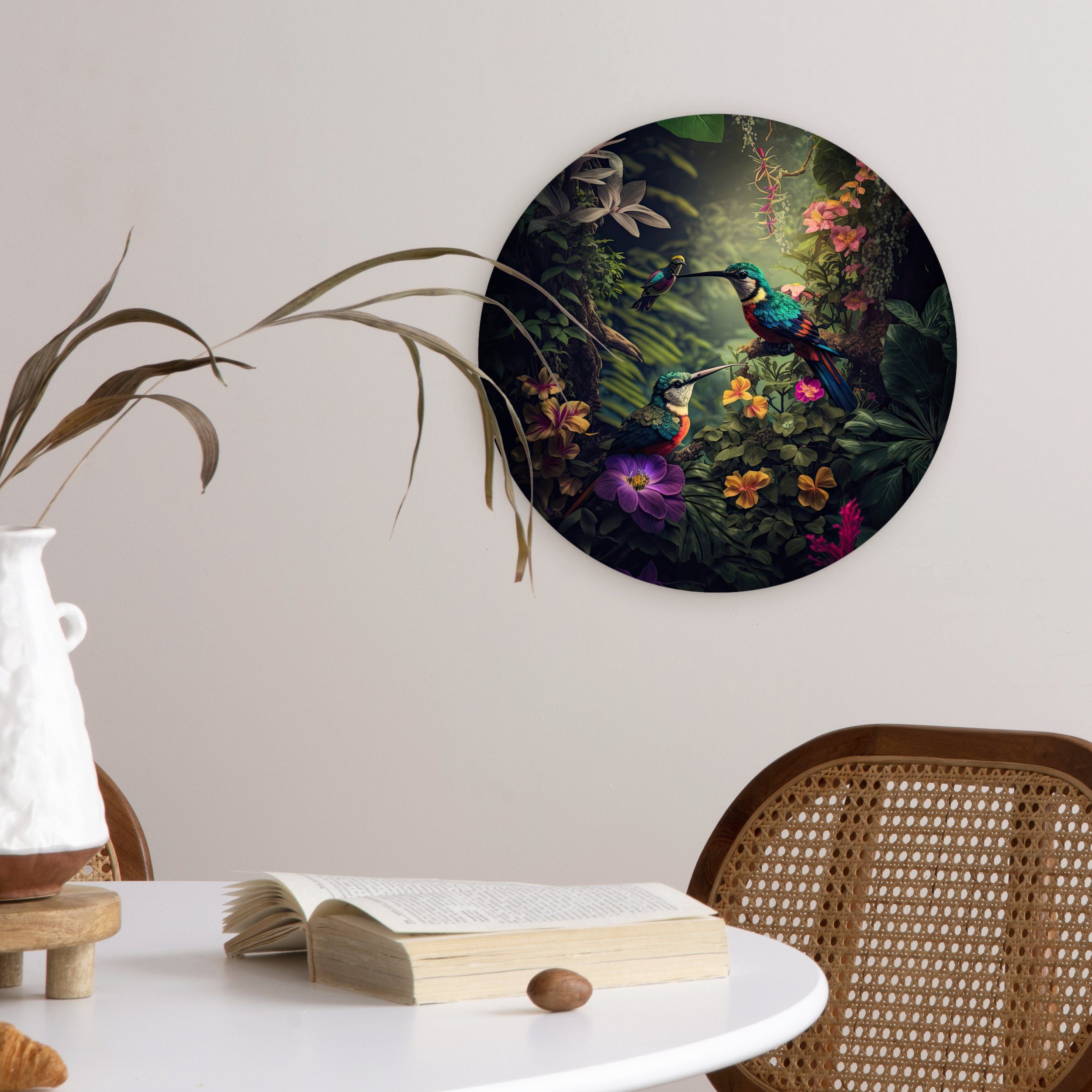 Kreis - - Wanddekoration Wandbild, Pflanzen, Forex, Rundes cm St), MuchoWow (1 Gemälde Vogel 30x30 Wohnzimmer, Dschungel - Blumen