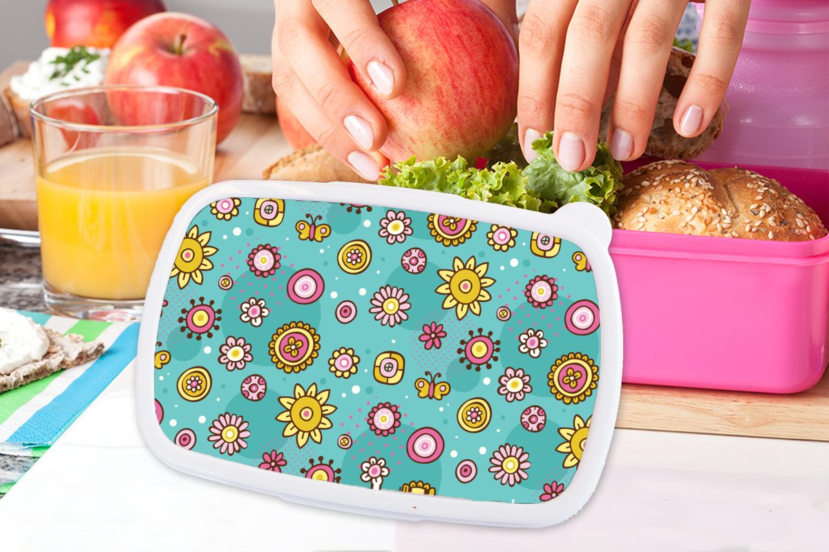 MuchoWow Lunchbox - Kunststoff, Kunststoff Brotbox für rosa Muster, - Mädchen, Schmetterlinge Blumen Snackbox, Brotdose Kinder, Erwachsene, (2-tlg)