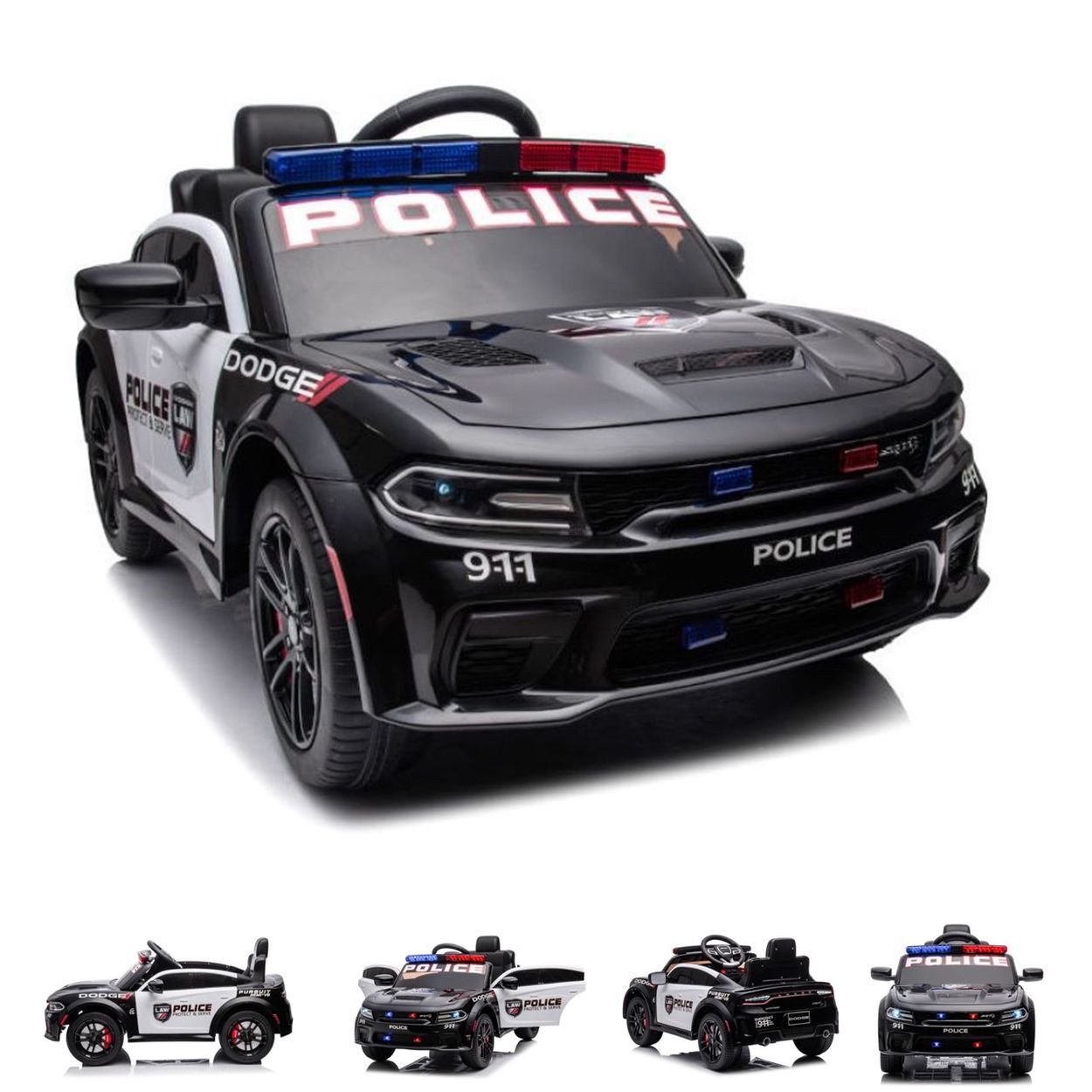 ES-Toys Elektro-Kinderauto Dodge Polizei, Belastbarkeit 30 kg, Polizeilichter, Sirene, Kunstledersitz, lizenziert, Stoßdämpfer
