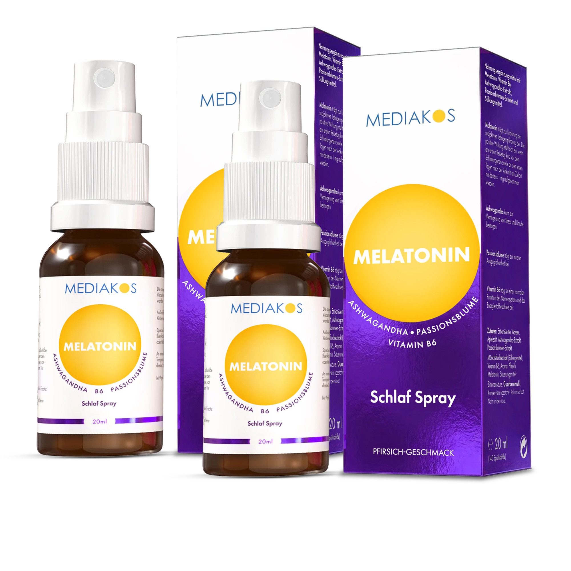 Mediakos Mediakos Melatonin Ashwagandha Schlaf Spray, mit Vitamin B6 und Passionsblume – schneller einschlafen, besser durchschlafen – Vegan à 40 ml