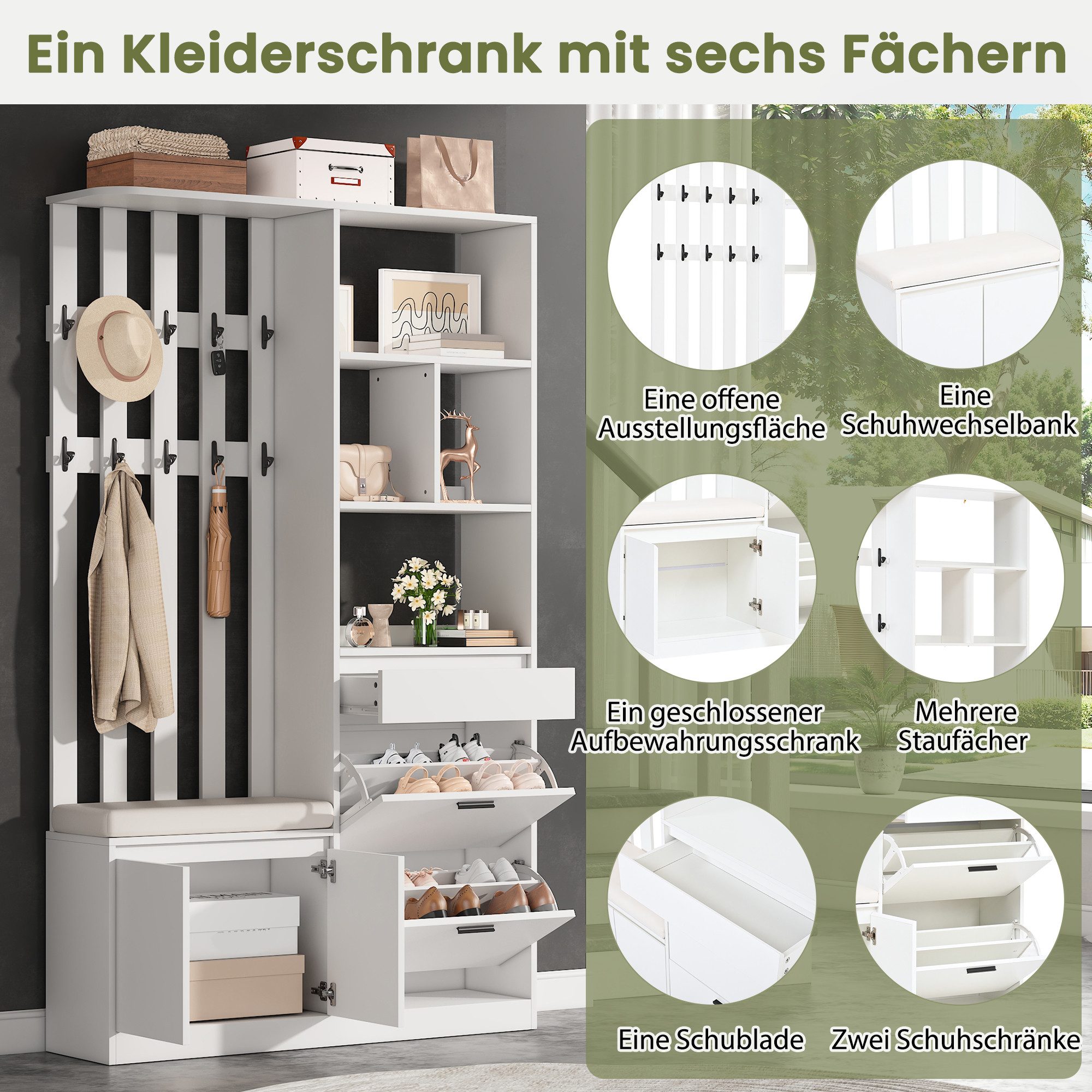 HAUSS SPOLE Garderoben-Set mit Sitzbank,Garderobenständer mit Schublade & Kleiderhaken,Weiß, (Garderobenschrank Dielenmöbel mit Schuhablage), 120x30x200cm Flurgarderobe mit Kippschutzvorrichtung
