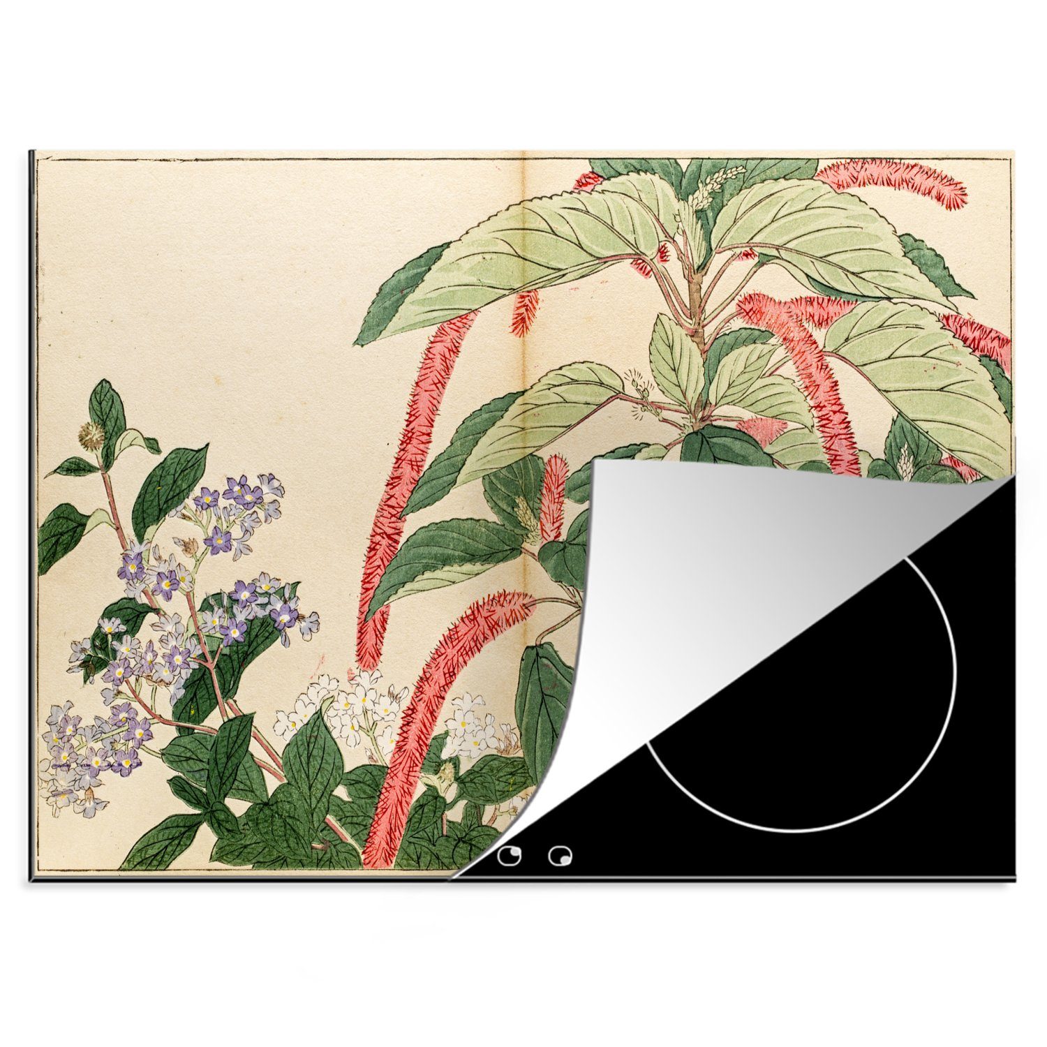 MuchoWow Herdblende-/Abdeckplatte Japanische Kunst - Pflanzen - Vintage, Vinyl, (1 tlg), 70x52 cm, Mobile Arbeitsfläche nutzbar, Ceranfeldabdeckung
