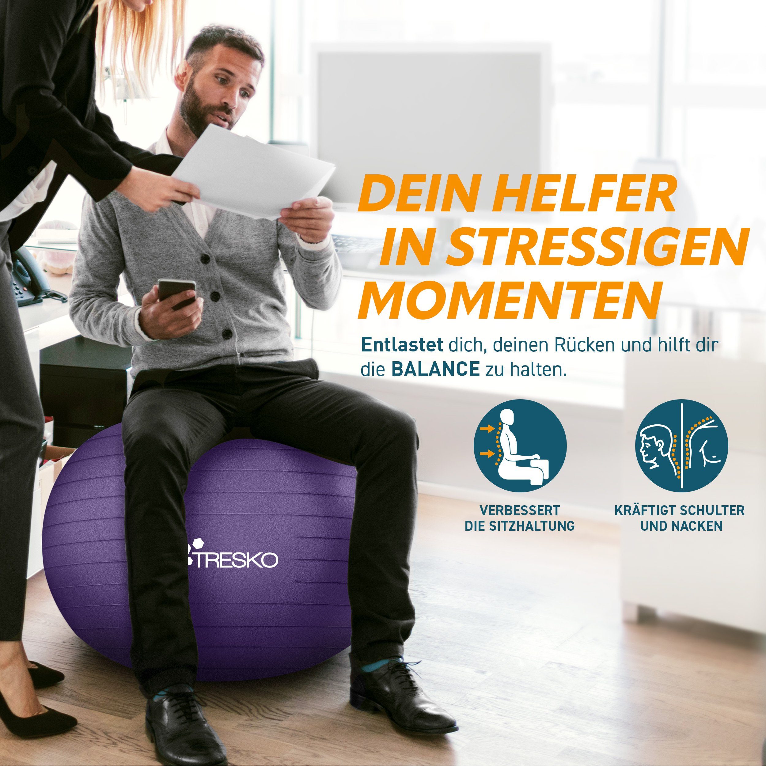 TRESKO Gymnastikball mit GRATIS Übungsposter inkl. Luftpumpe Yogaball, BPA-Frei Sitzball Büro Anti-Burst inkl. Luftpumpe, Fitnessball
