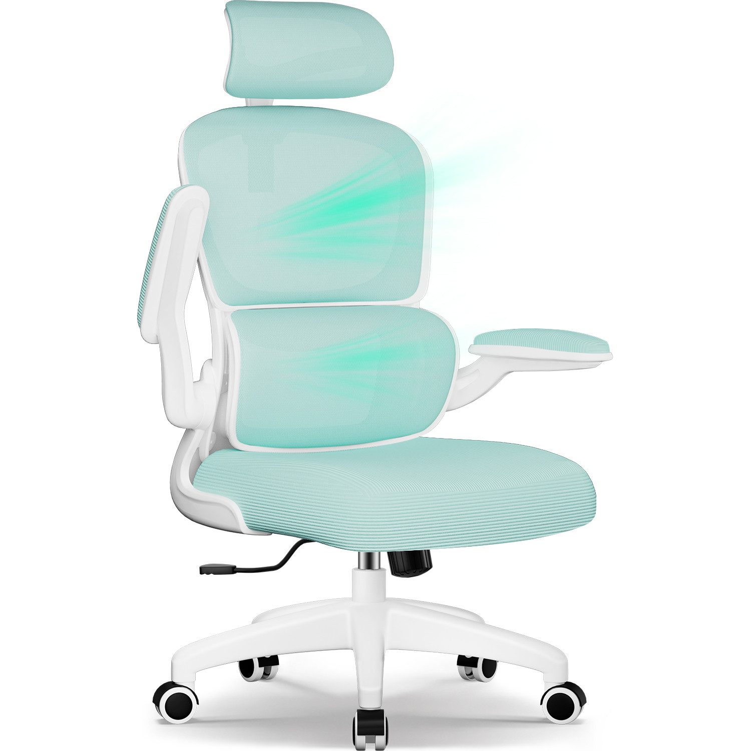 Fukstern Bürostuhl Ergonomischer Bürostuhl mit 90° klappbaren Armlehnen (Verstellbare Kopfstütze, atmungsaktiver Mesh-Bezug, Rücken- und Taillenstütze, Neigung fixierbar bei 90° (maximal kippbar bis 135), bis 150 kg belastbar