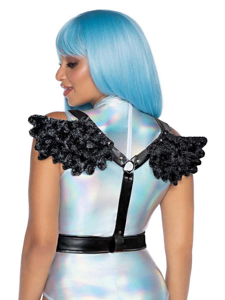 Leg Avenue Kostüm-Flügel Sexy Engel Gurt schwarz, Pelzige Miniflügel an aufregenden Gurten