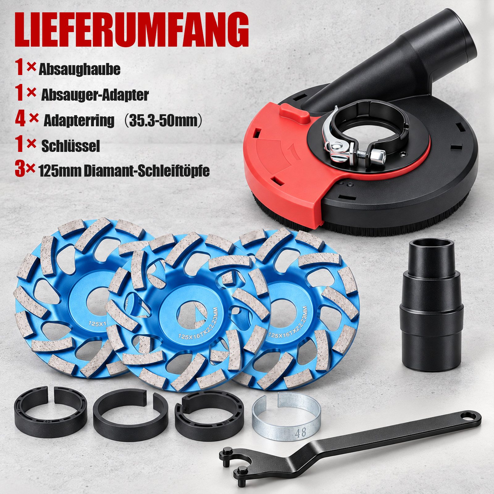 XERSEK Winkelschleifer 3× Diamant Schleiftopf 125mm mit Absaughaube & 4 Adapterring für Beton, (Set, 10 tlg., Staubschutzhaube Set mit Bürstenkranz), für Beton, – Bild 2 von 5