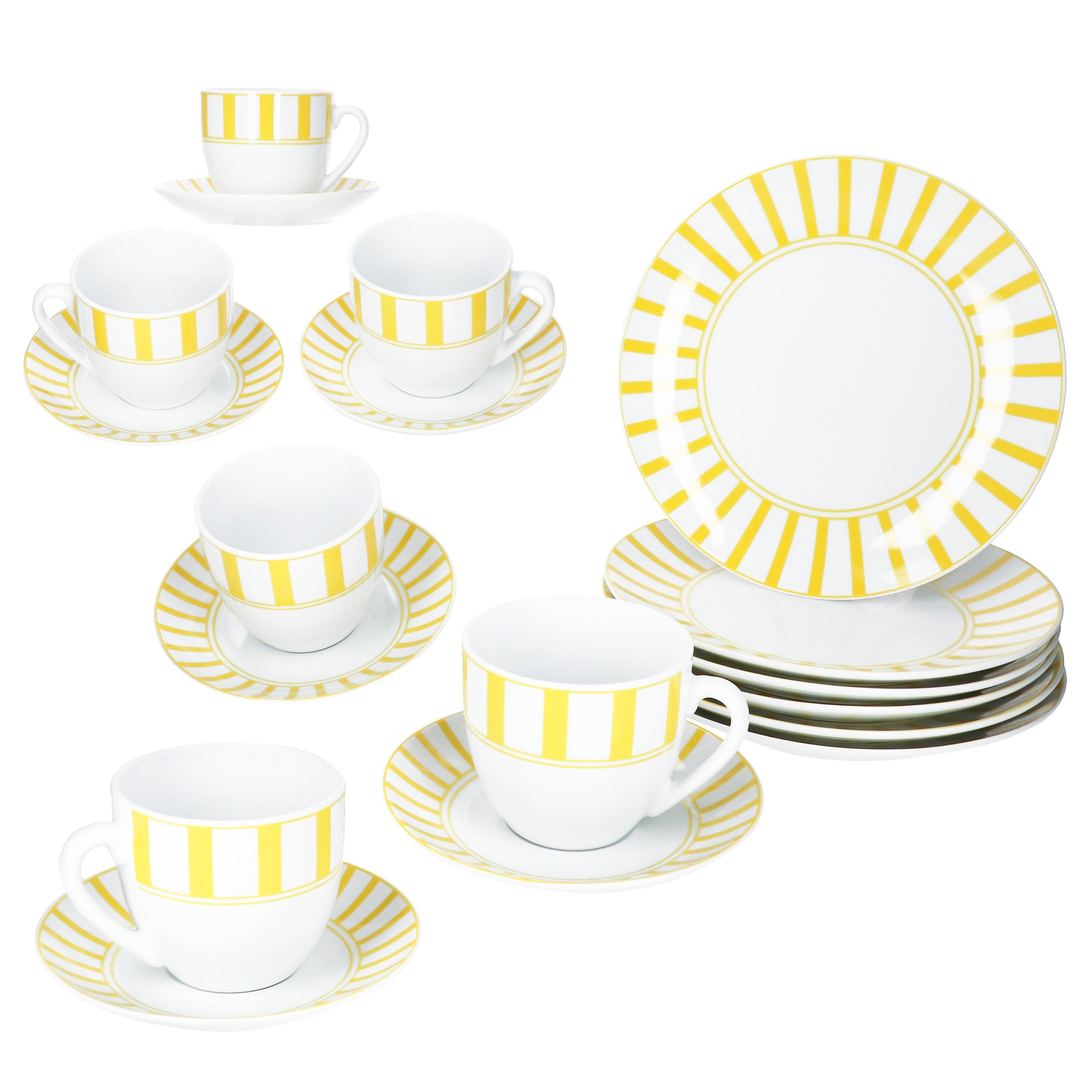 MamboCat Kaffeeservice 18tlg Kaffeeservice Split gelb Porzellan 6 Pers Tasse Teller Streifen, Porzellan