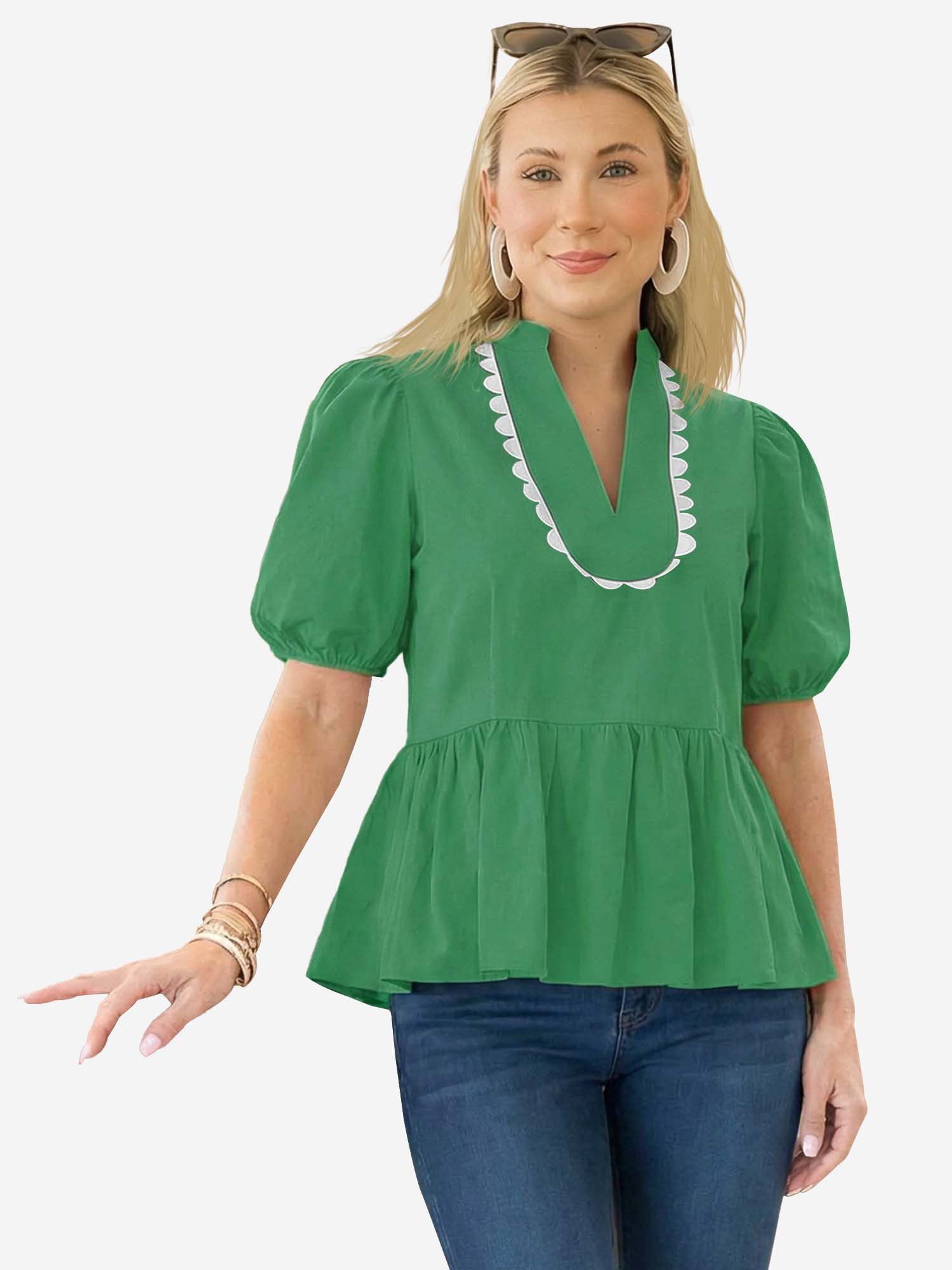 Imily Bela Blusenshirt Damen mit Puffärmeln V-Ausschnitt Rüschen Babydoll Loose (Packung, 1-tlg., 1per-Pack) aus Baumwolle