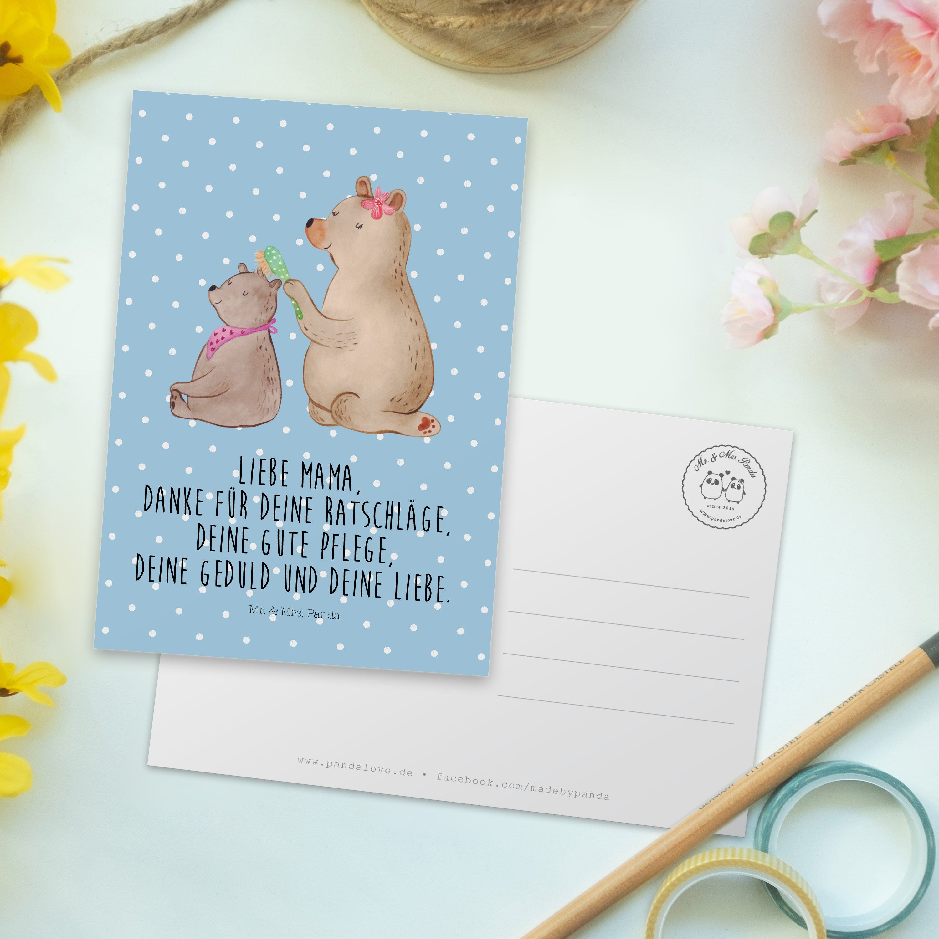 Mr. mit Geschenkkarte, Familie, Kind & Mrs. Geschenk, - Postkarte Blau Panda Bär - Pastell Bären