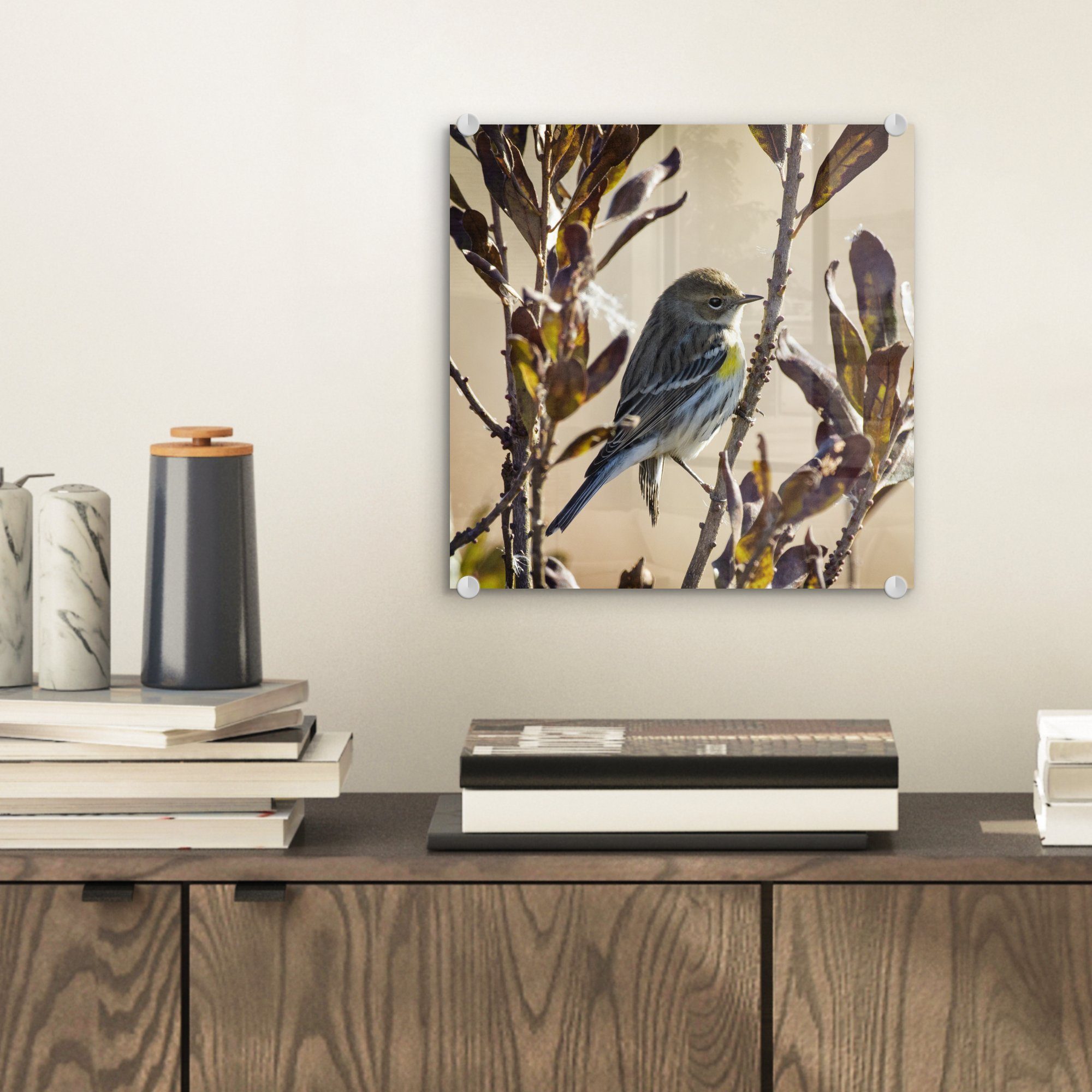 St), (1 Wanddekoration mit Blättern, - Foto Wandbild Acrylglasbild MuchoWow - Vogel auf Glasbilder auf Bilder einem - zwischen Glas Glas Zweig