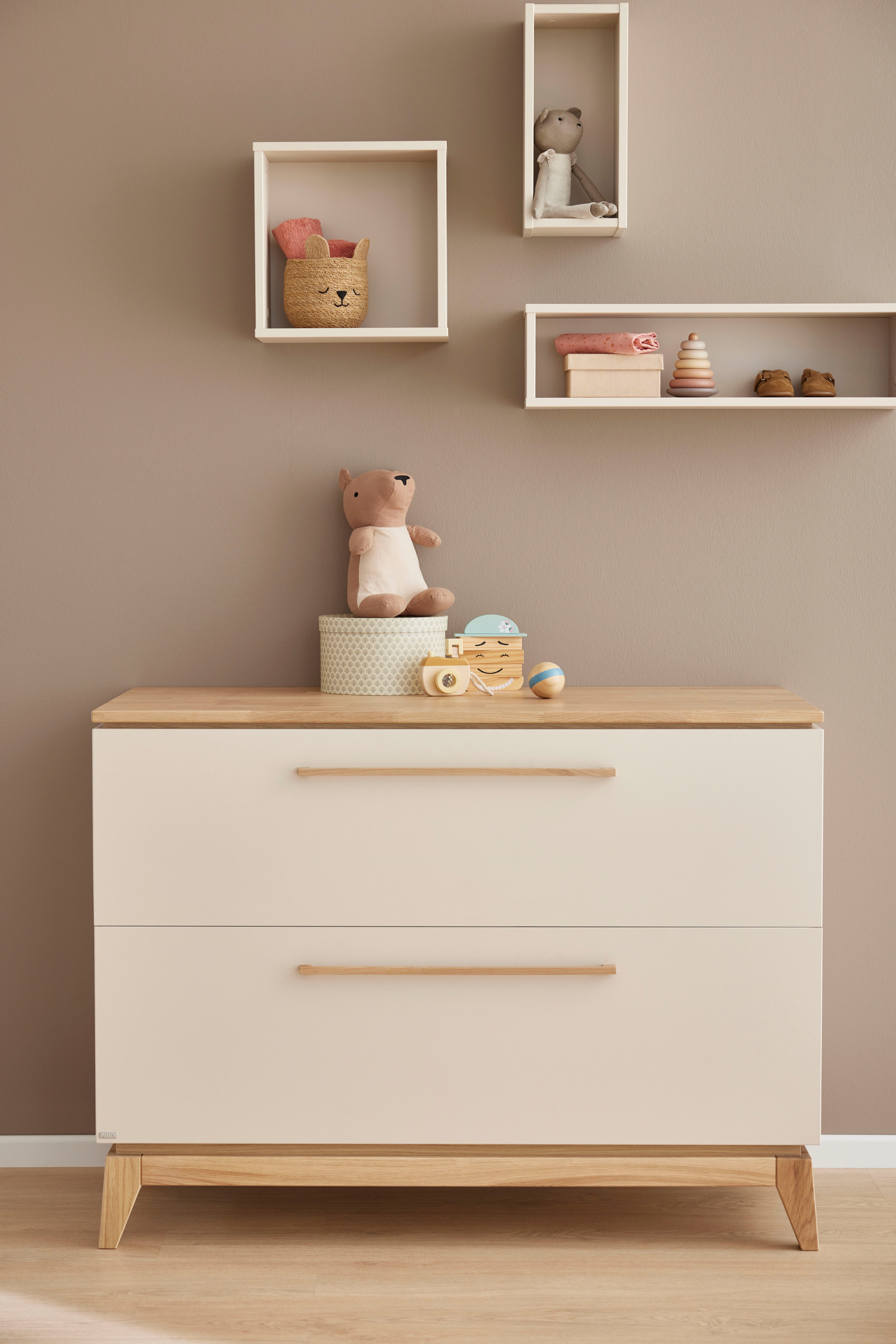 PAIDI Wickelkommode STIENE in Beige oder Grau, 2 Schubladen mit Soft-Close, Vollauszug, Kommode 123 cm Breite, geprüfte Sicherheit, Wickeltisch mit Massivholz