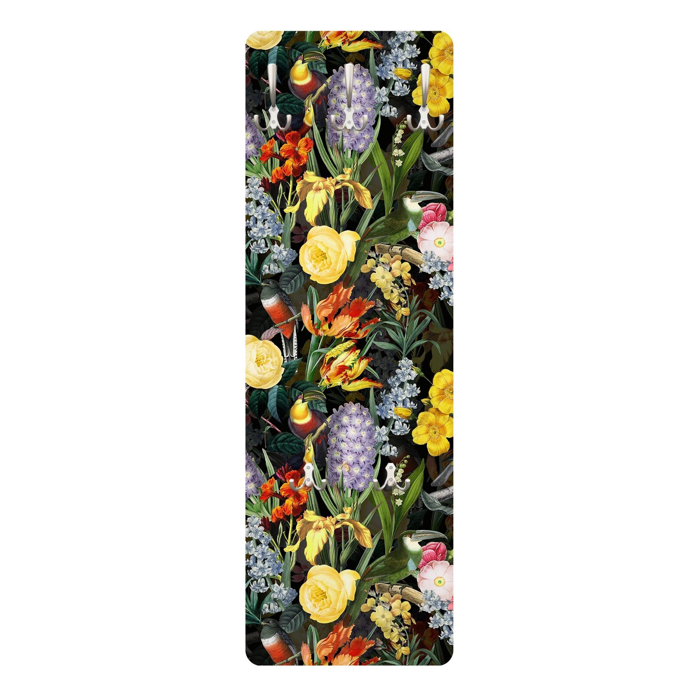 Bilderdepot24 Garderobenpaneel bunt Botanik Tropisch Muster Tiere Blumen mit Tropischen Vögeln Bunt (ausgefallenes Flur Wandpaneel mit Garderobenhaken Kleiderhaken hängend), moderne Wandgarderobe - Flurgarderobe im schmalen Hakenpaneel Design